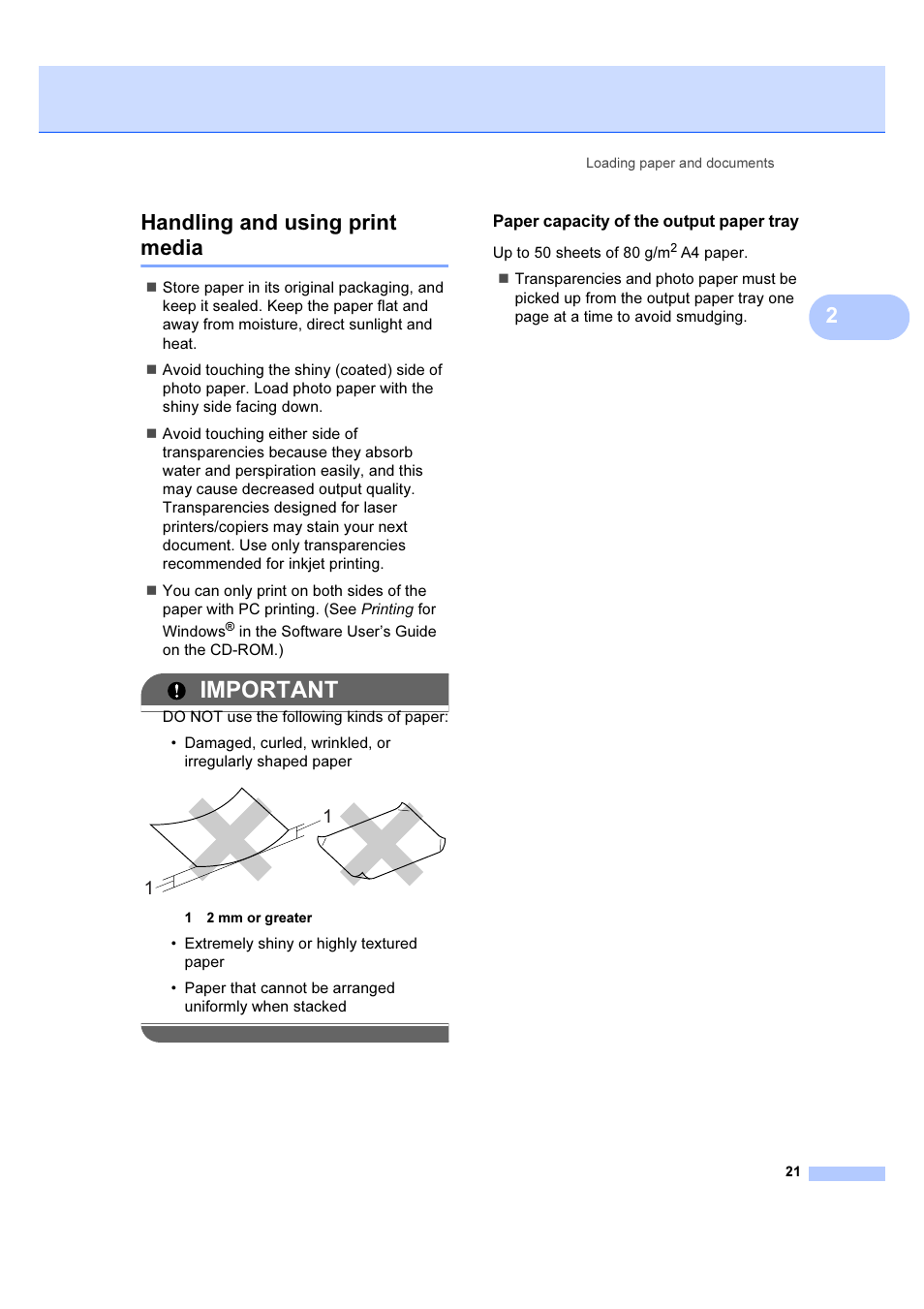 Paper capacity of the output paper tray, Handling and using print media, Important | 2handling and using print media | Brother MFC 6890CDW User Manual | Page 30 / 227