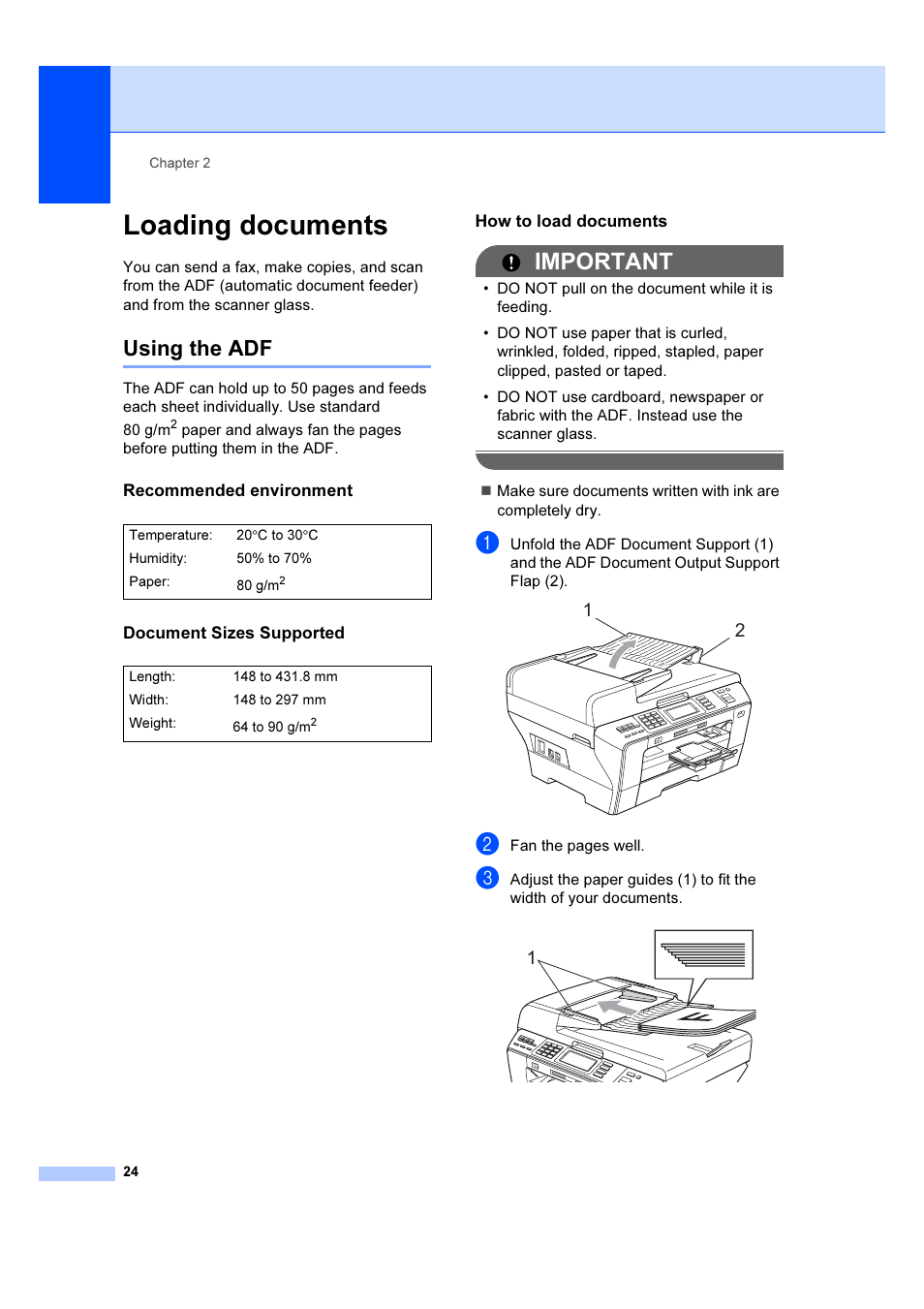 Loading documents, Recommended environment, Document sizes supported | How to load documents, Using the adf, Important | Brother MFC 6890CDW User Manual | Page 33 / 227