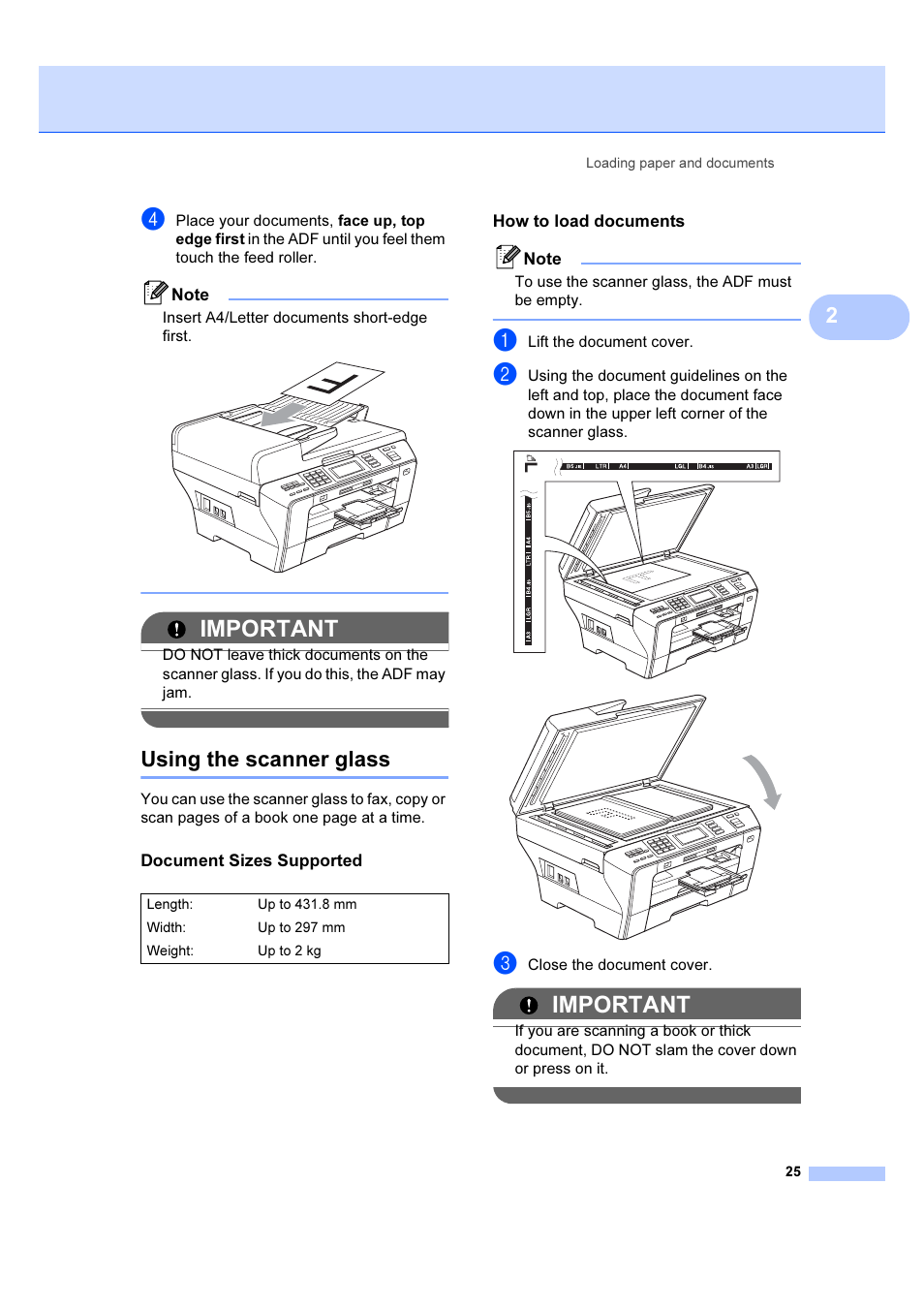 Document sizes supported, How to load documents, Using the scanner glass | Important | Brother MFC 6890CDW User Manual | Page 34 / 227