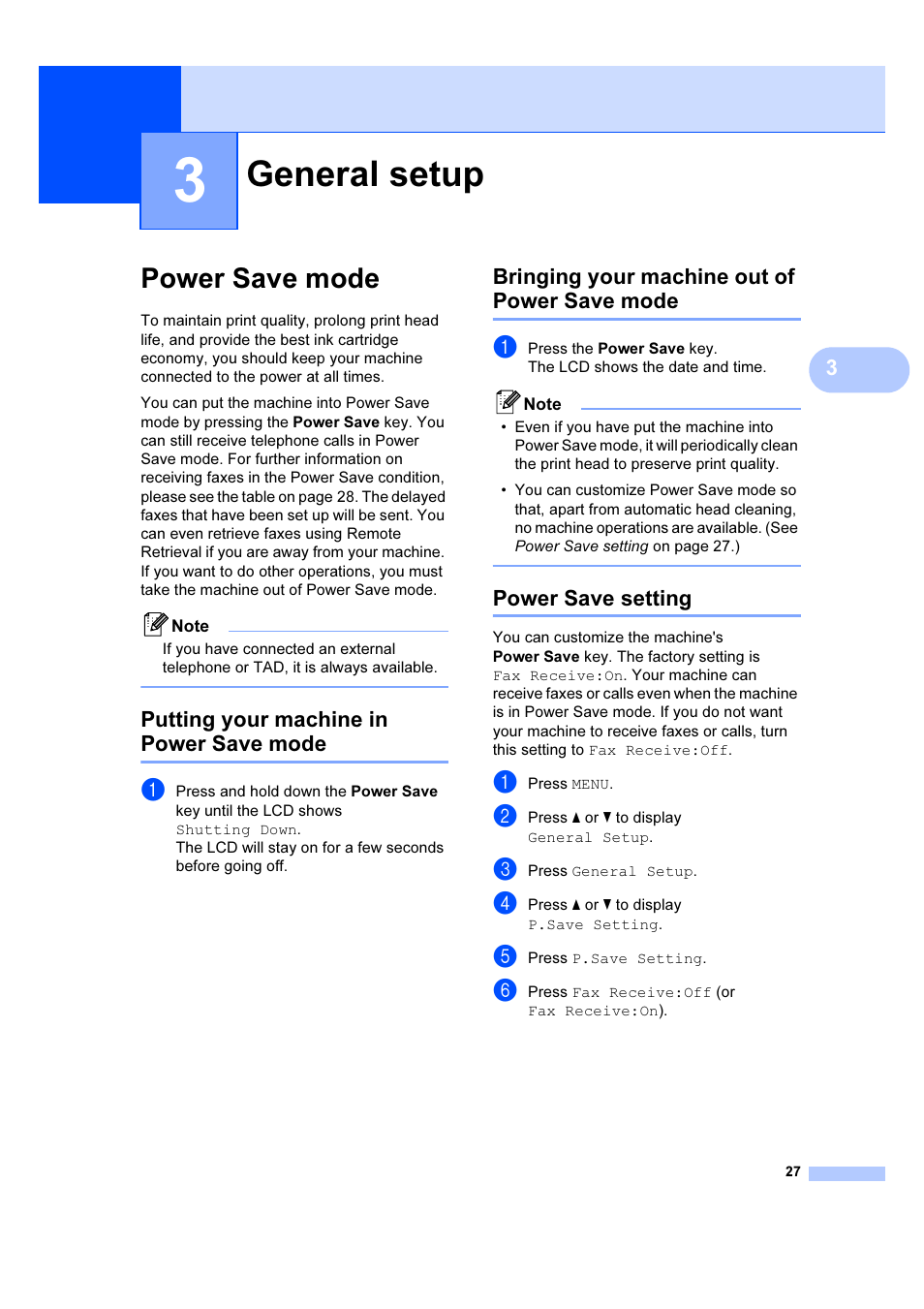 3 general setup, Power save mode, General setup | Putting your machine in power save mode, Bringing your machine out of power save mode, Power save setting | Brother MFC 6890CDW User Manual | Page 36 / 227