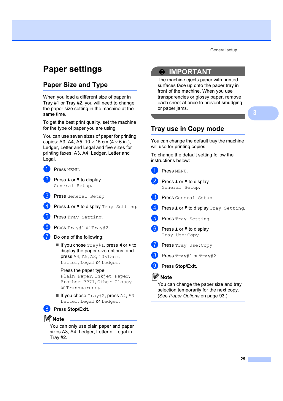Paper settings, Paper size and type tray use in copy mode, Important | Paper size and type, Tray use in copy mode | Brother MFC 6890CDW User Manual | Page 38 / 227