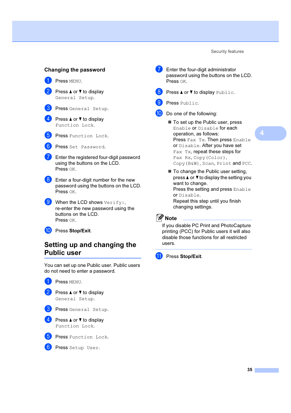 Changing the password, Setting up and changing the public user | Brother MFC 6890CDW User Manual | Page 44 / 227