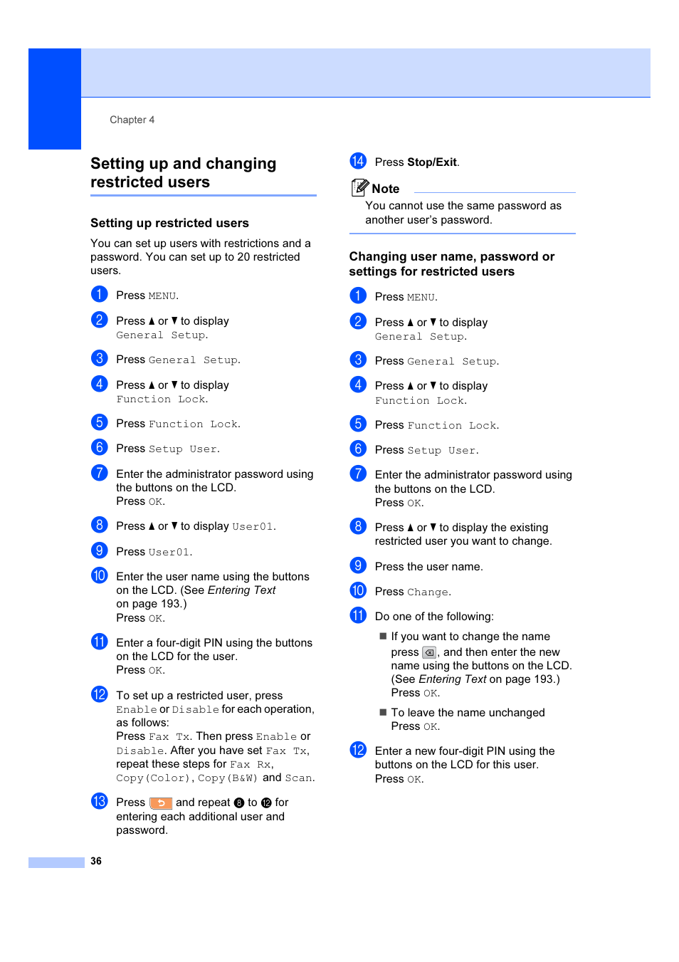 Setting up restricted users, Setting up and changing restricted users | Brother MFC 6890CDW User Manual | Page 45 / 227