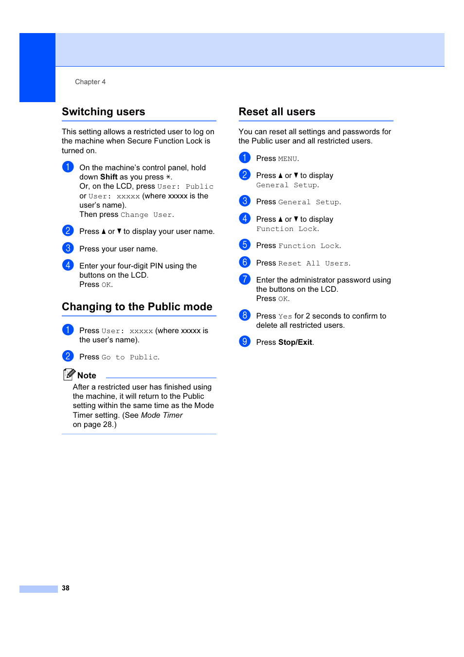 Switching users, Changing to the public mode, Reset all users | Brother MFC 6890CDW User Manual | Page 47 / 227