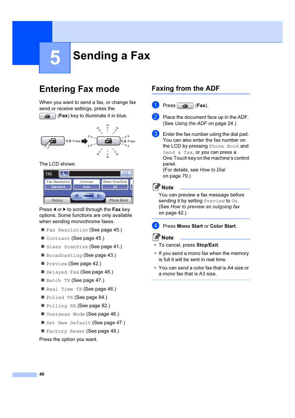 5 sending a fax, Entering fax mode, Sending a fax | Faxing from the adf | Brother MFC 6890CDW User Manual | Page 49 / 227