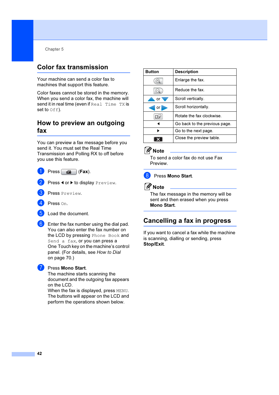 Color fax transmission, How to preview an outgoing fax, Cancelling a fax in progress | Brother MFC 6890CDW User Manual | Page 51 / 227