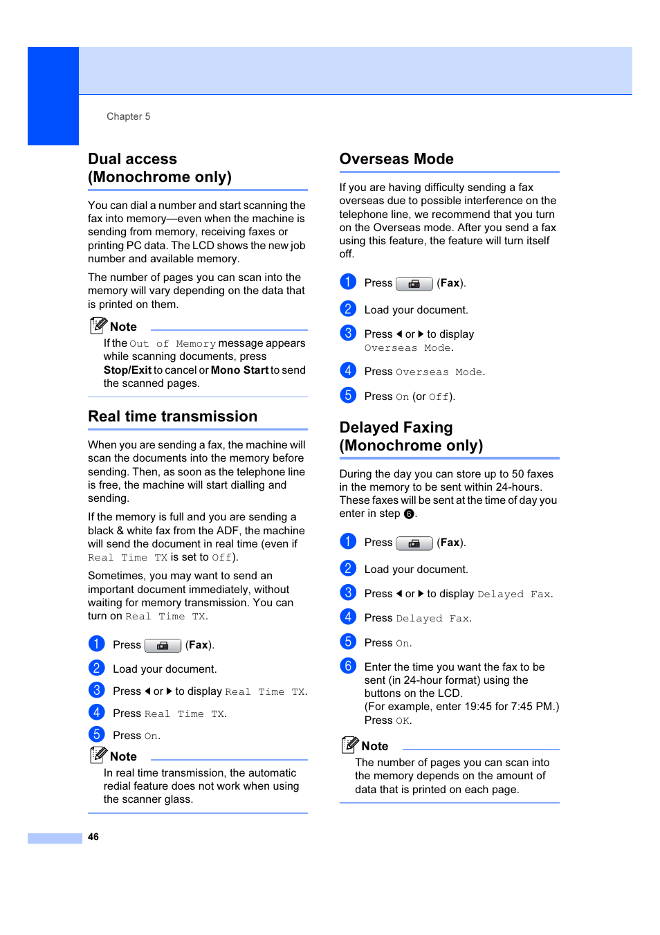 Dual access (monochrome only), Real time transmission, Overseas mode | Delayed faxing (monochrome only) | Brother MFC 6890CDW User Manual | Page 55 / 227