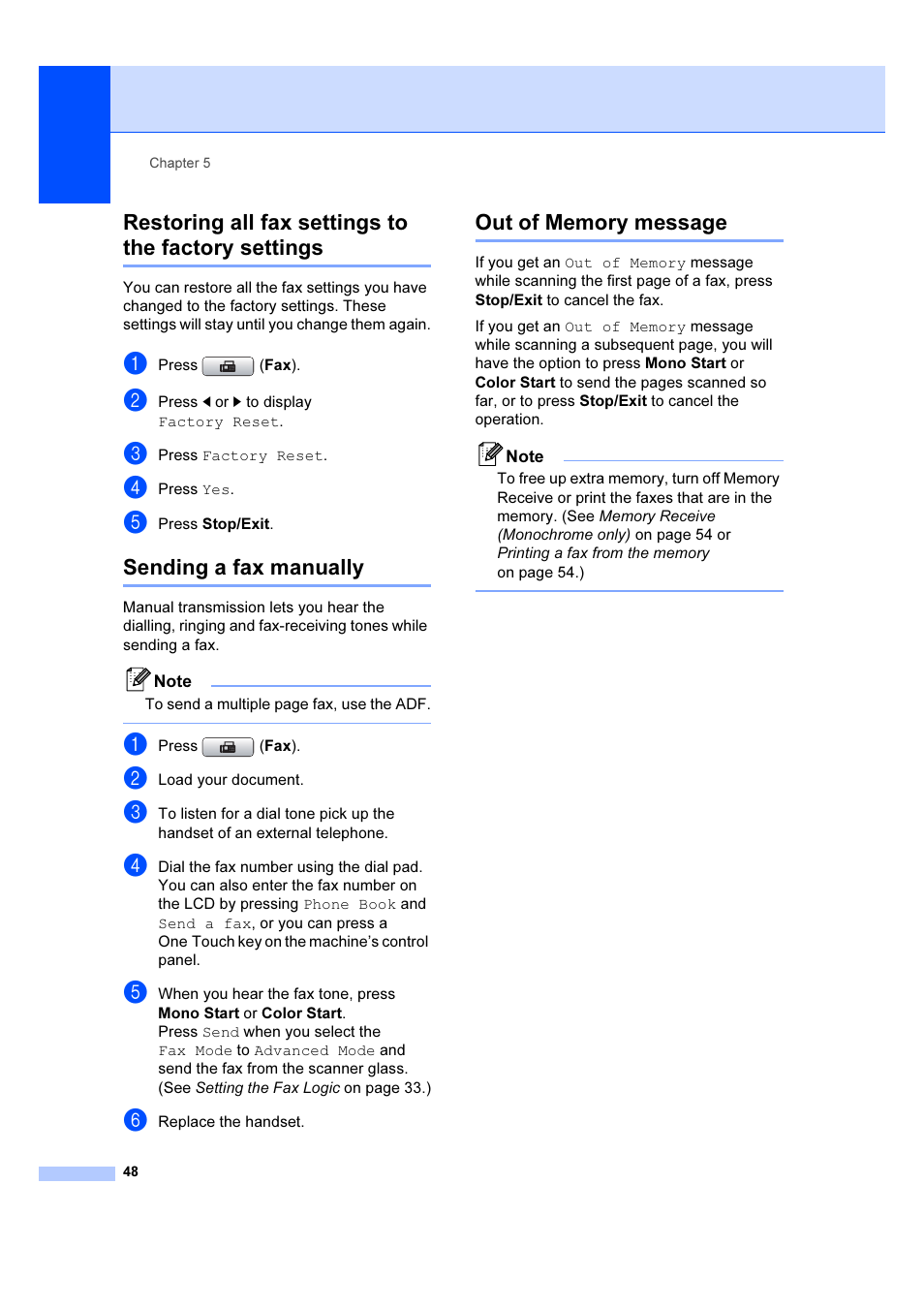 Restoring all fax settings to the factory settings, Sending a fax manually | Brother MFC 6890CDW User Manual | Page 57 / 227