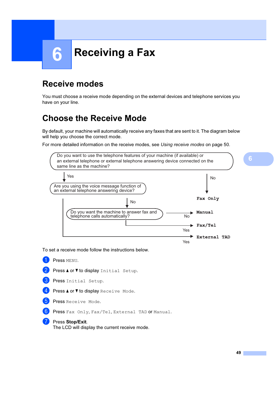 6 receiving a fax, Receive modes, Choose the receive mode | Receiving a fax, Receive modes choose the receive mode | Brother MFC 6890CDW User Manual | Page 58 / 227