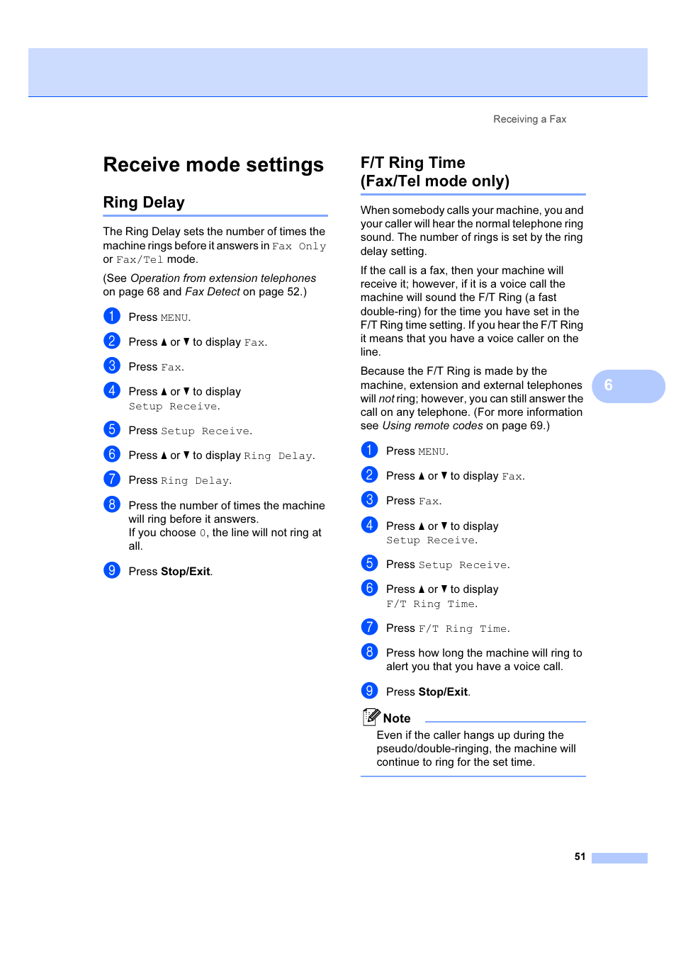 Receive mode settings, Ring delay f/t ring time (fax/tel mode only), Ring delay | F/t ring time (fax/tel mode only) | Brother MFC 6890CDW User Manual | Page 60 / 227