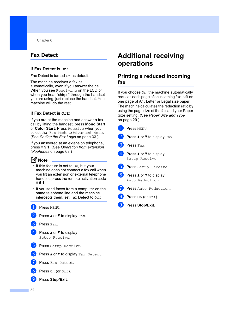 If fax detect is on, If fax detect is off, Additional receiving operations | Fax detect, Printing a reduced incoming fax | Brother MFC 6890CDW User Manual | Page 61 / 227