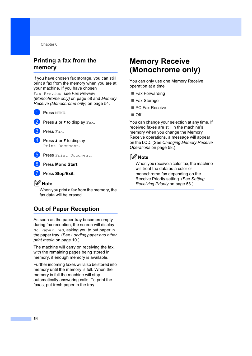 Memory receive (monochrome only), Out of paper reception | Brother MFC 6890CDW User Manual | Page 63 / 227