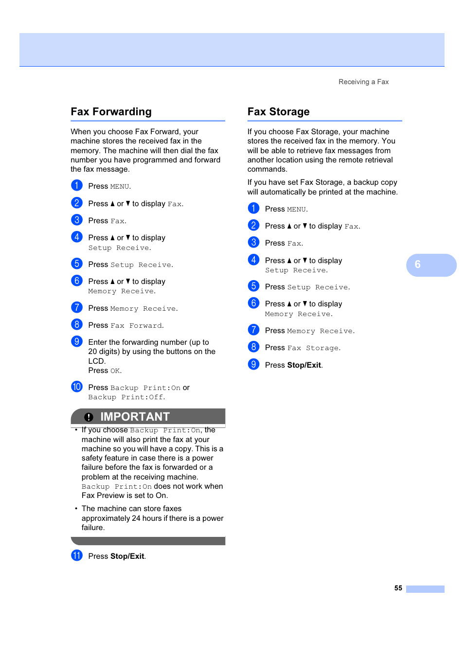 Fax forwarding fax storage, Important, 6fax forwarding | Fax storage | Brother MFC 6890CDW User Manual | Page 64 / 227