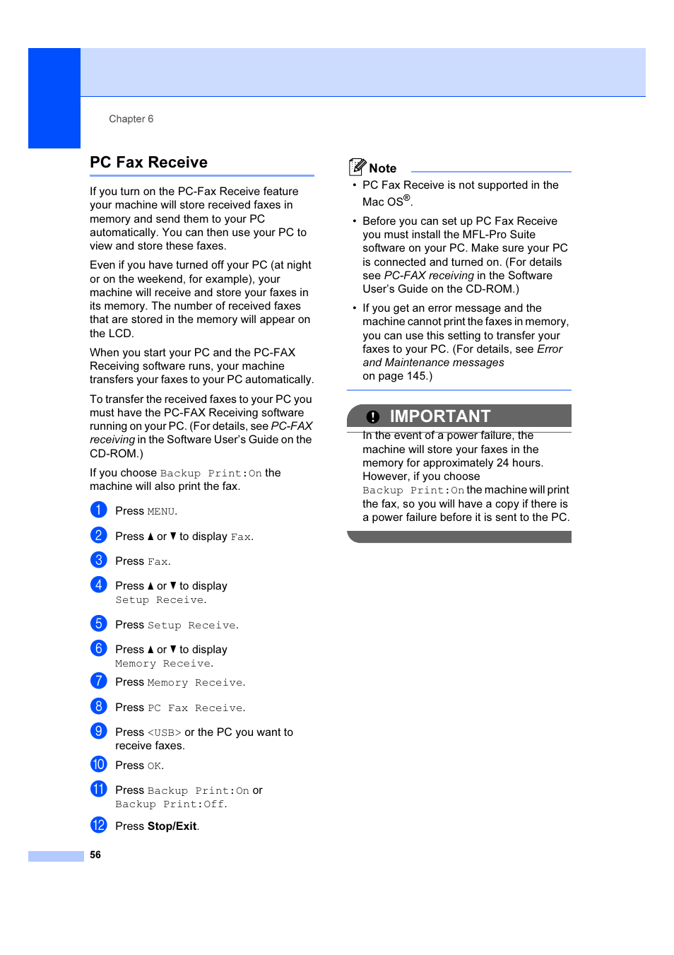 Pc fax receive, Important | Brother MFC 6890CDW User Manual | Page 65 / 227