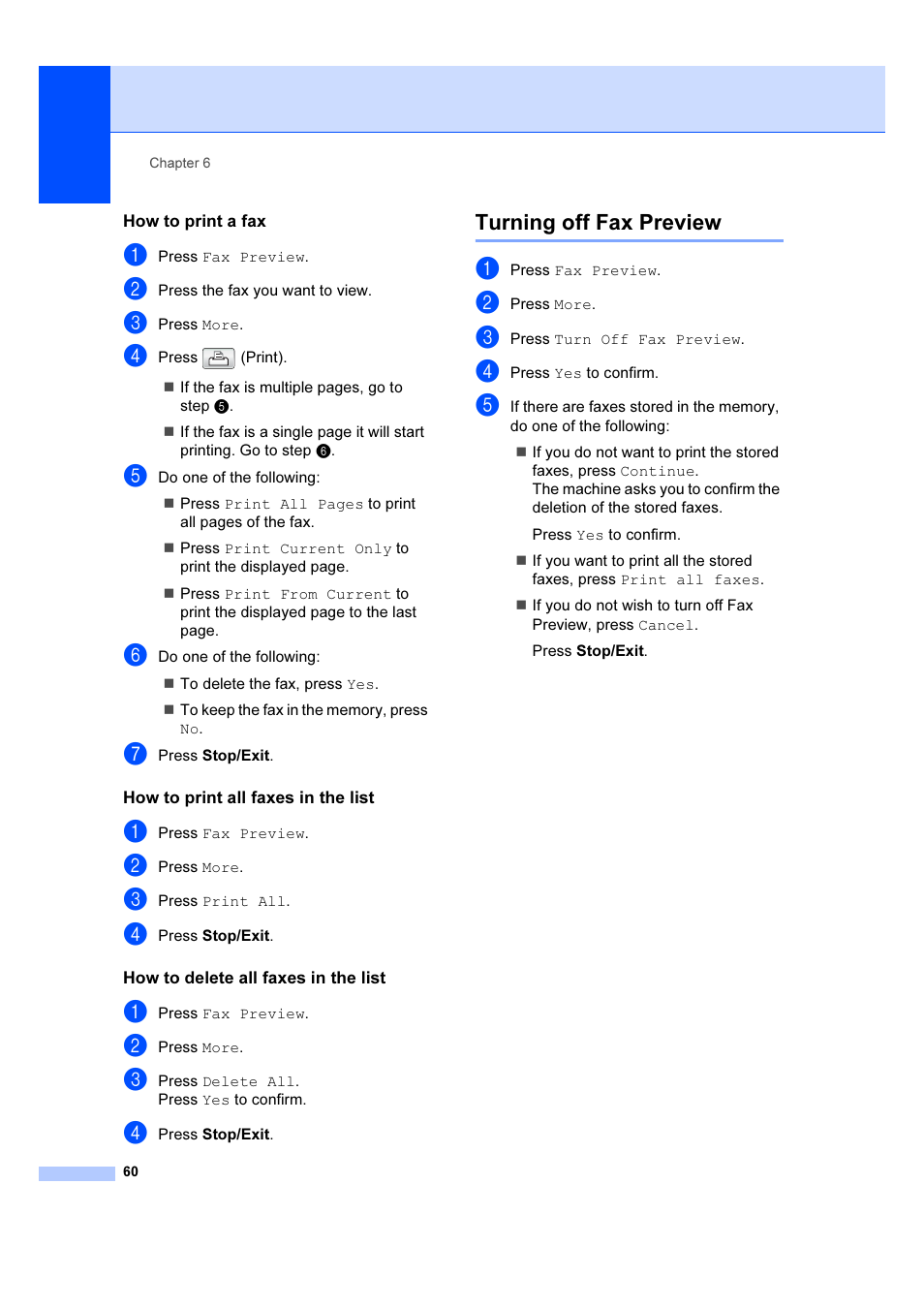 How to print a fax, How to print all faxes in the list, How to delete all faxes in the list | Turning off fax preview | Brother MFC 6890CDW User Manual | Page 69 / 227