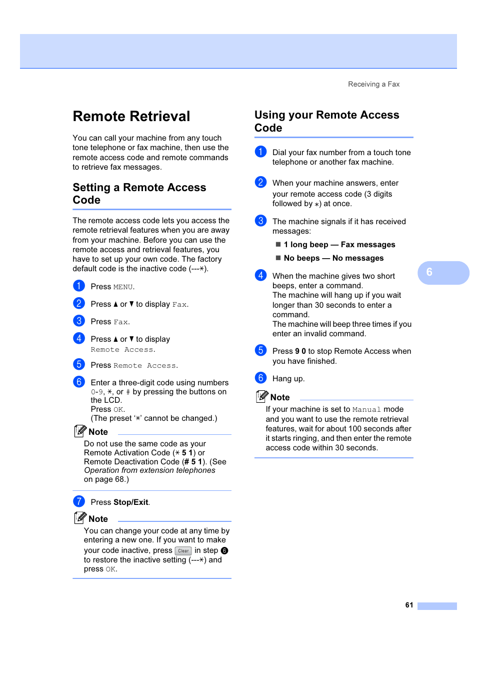 Remote retrieval, Setting a remote access code, Using your remote access code | Brother MFC 6890CDW User Manual | Page 70 / 227