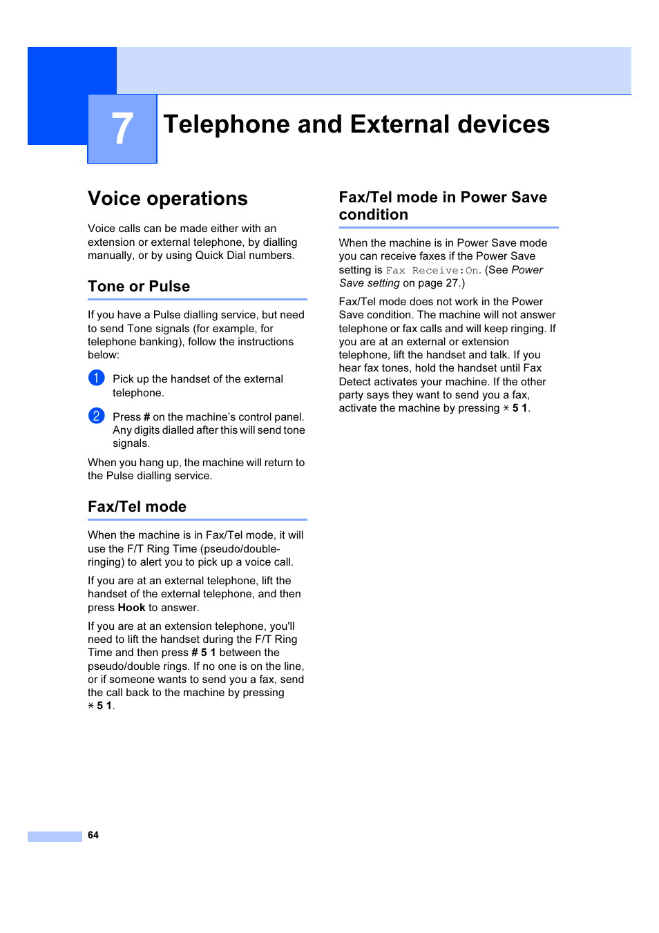 7 telephone and external devices, Voice operations, Telephone and external devices | Tone or pulse, Fax/tel mode, Fax/tel mode in power save condition | Brother MFC 6890CDW User Manual | Page 73 / 227