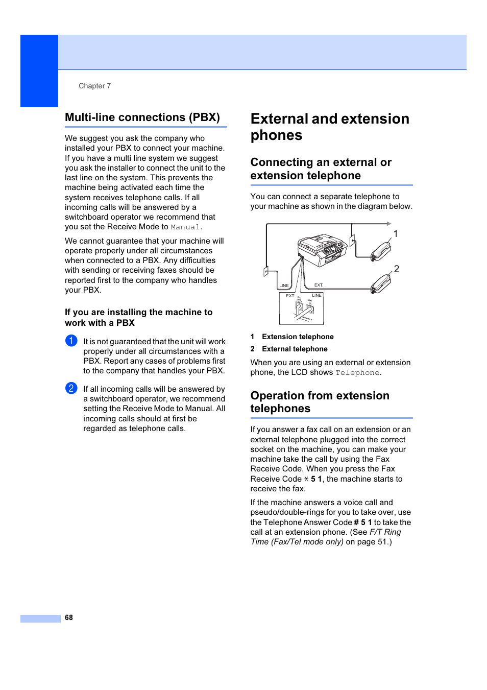 External and extension phones, Multi-line connections (pbx), Connecting an external or extension telephone | Operation from extension telephones | Brother MFC 6890CDW User Manual | Page 77 / 227