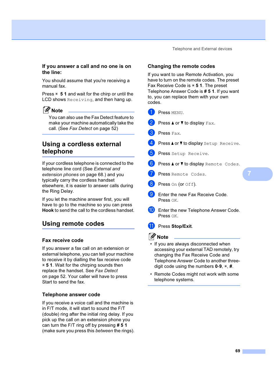 If you answer a call and no one is on the line, Fax receive code, Telephone answer code | Changing the remote codes, Using a cordless external telephone, Using remote codes | Brother MFC 6890CDW User Manual | Page 78 / 227
