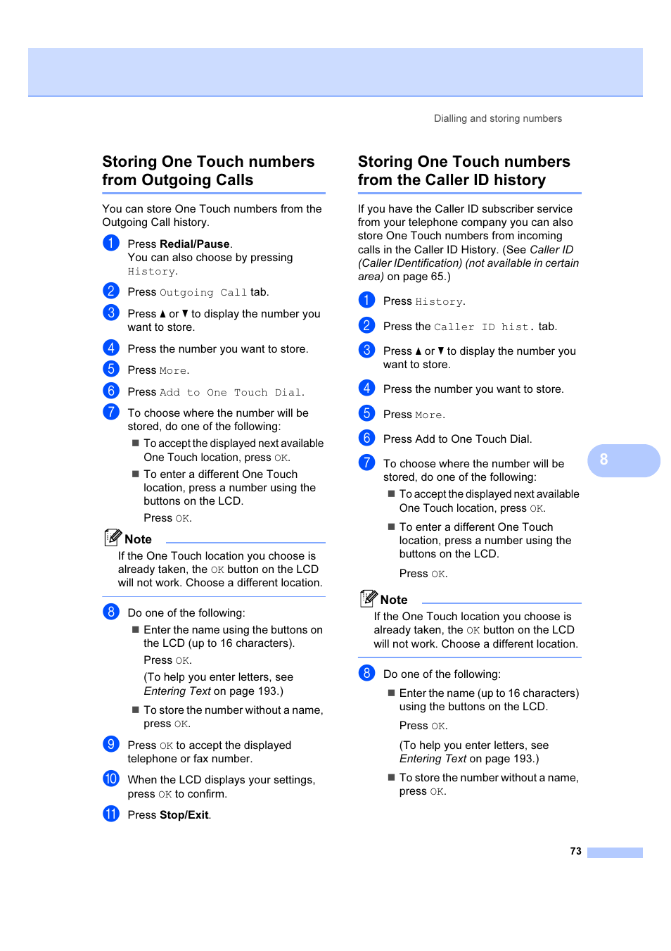 8storing one touch numbers from outgoing calls | Brother MFC 6890CDW User Manual | Page 82 / 227