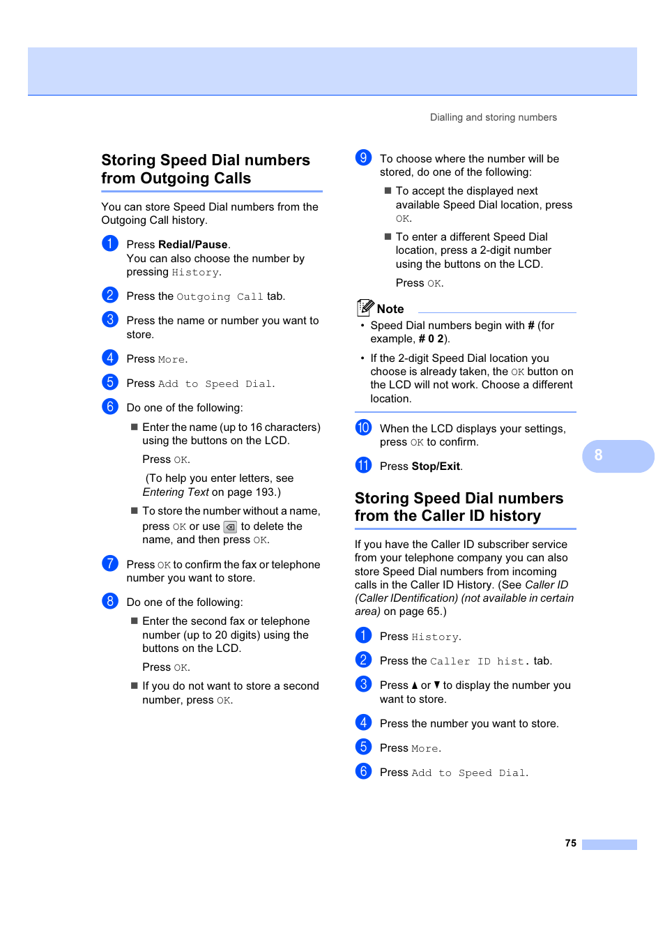 8storing speed dial numbers from outgoing calls | Brother MFC 6890CDW User Manual | Page 84 / 227