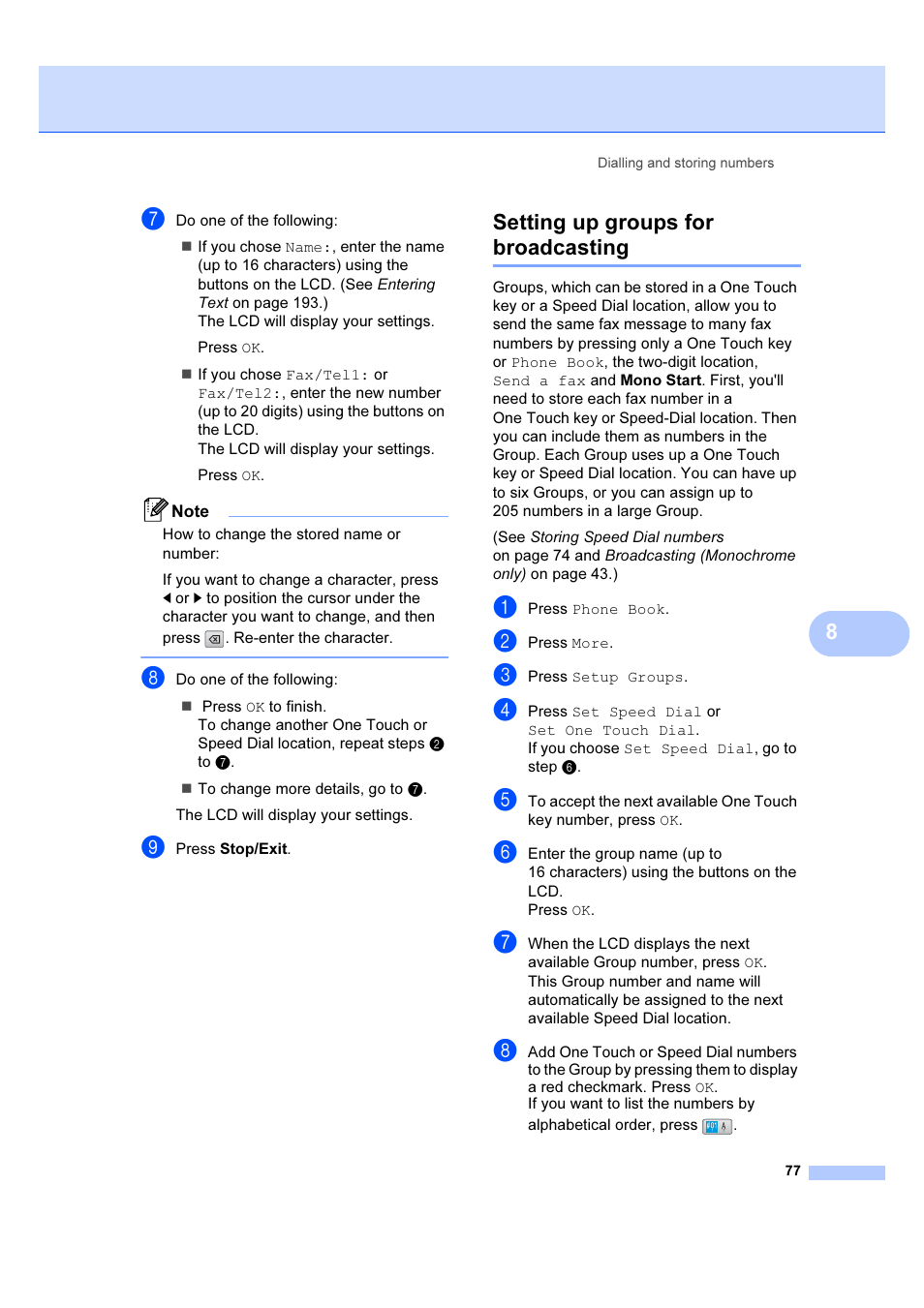 Setting up groups for broadcasting | Brother MFC 6890CDW User Manual | Page 86 / 227