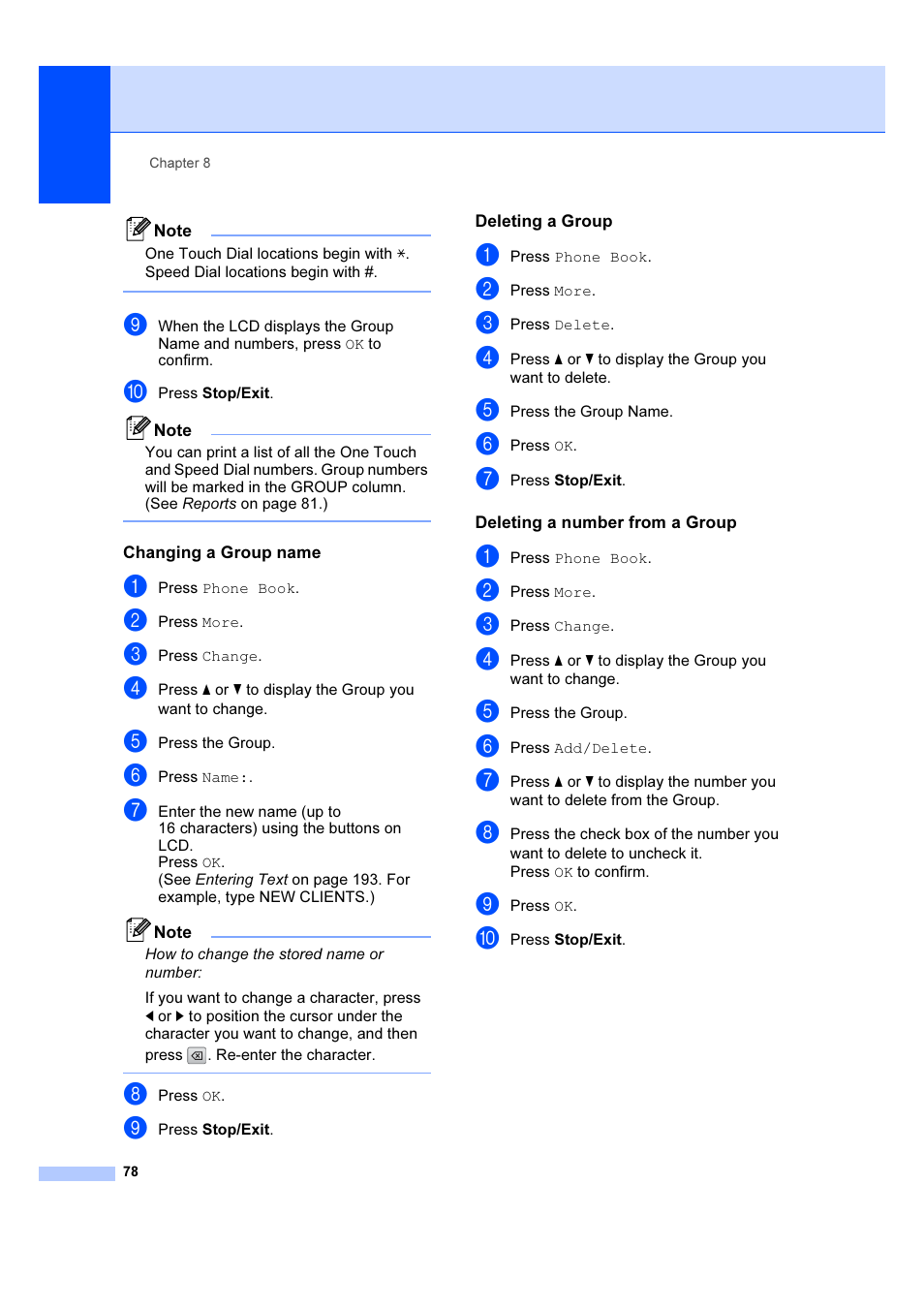 Changing a group name, Deleting a group, Deleting a number from a group | Brother MFC 6890CDW User Manual | Page 87 / 227