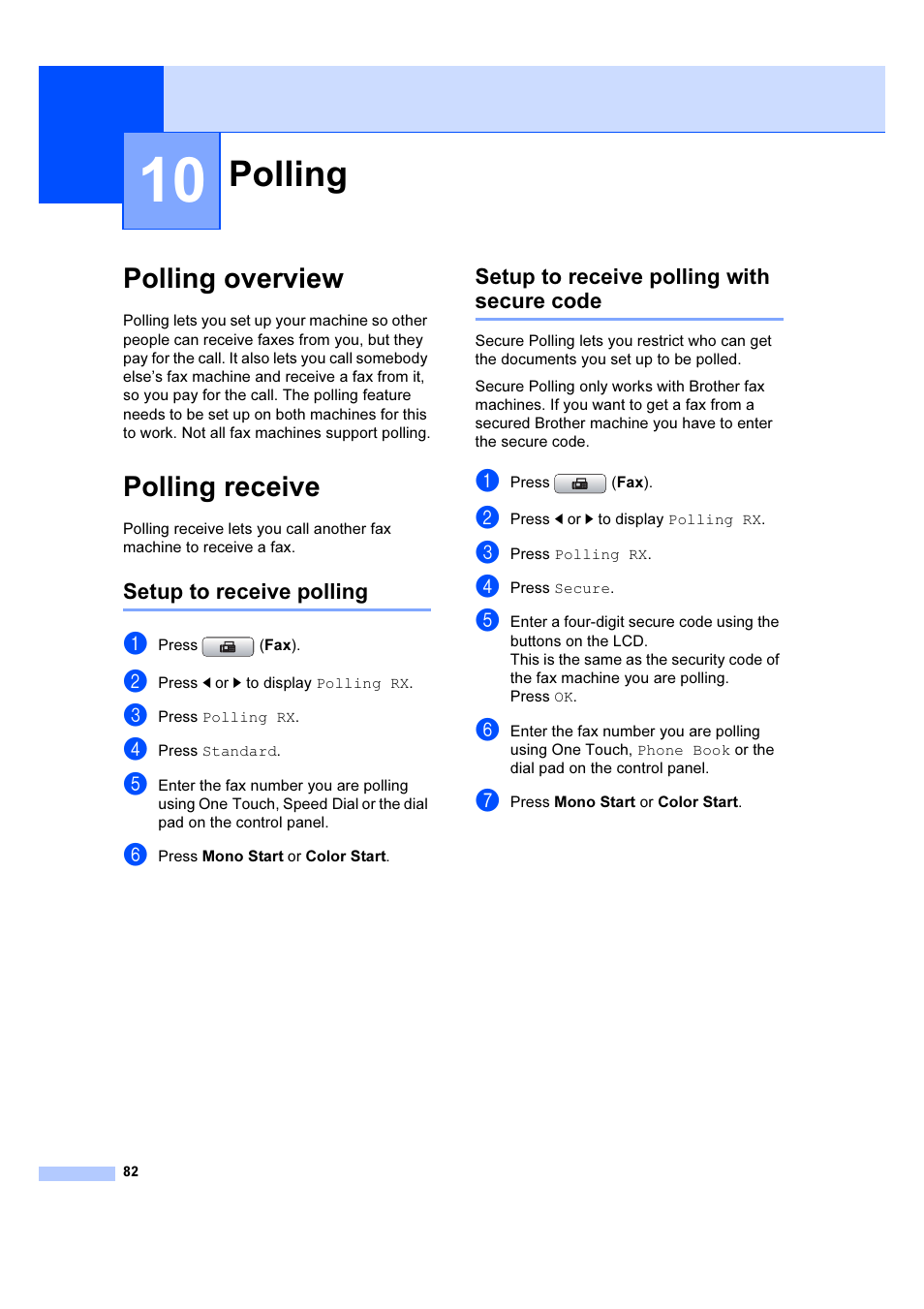 10 polling, Polling overview, Polling receive | Polling, Polling overview polling receive | Brother MFC 6890CDW User Manual | Page 91 / 227