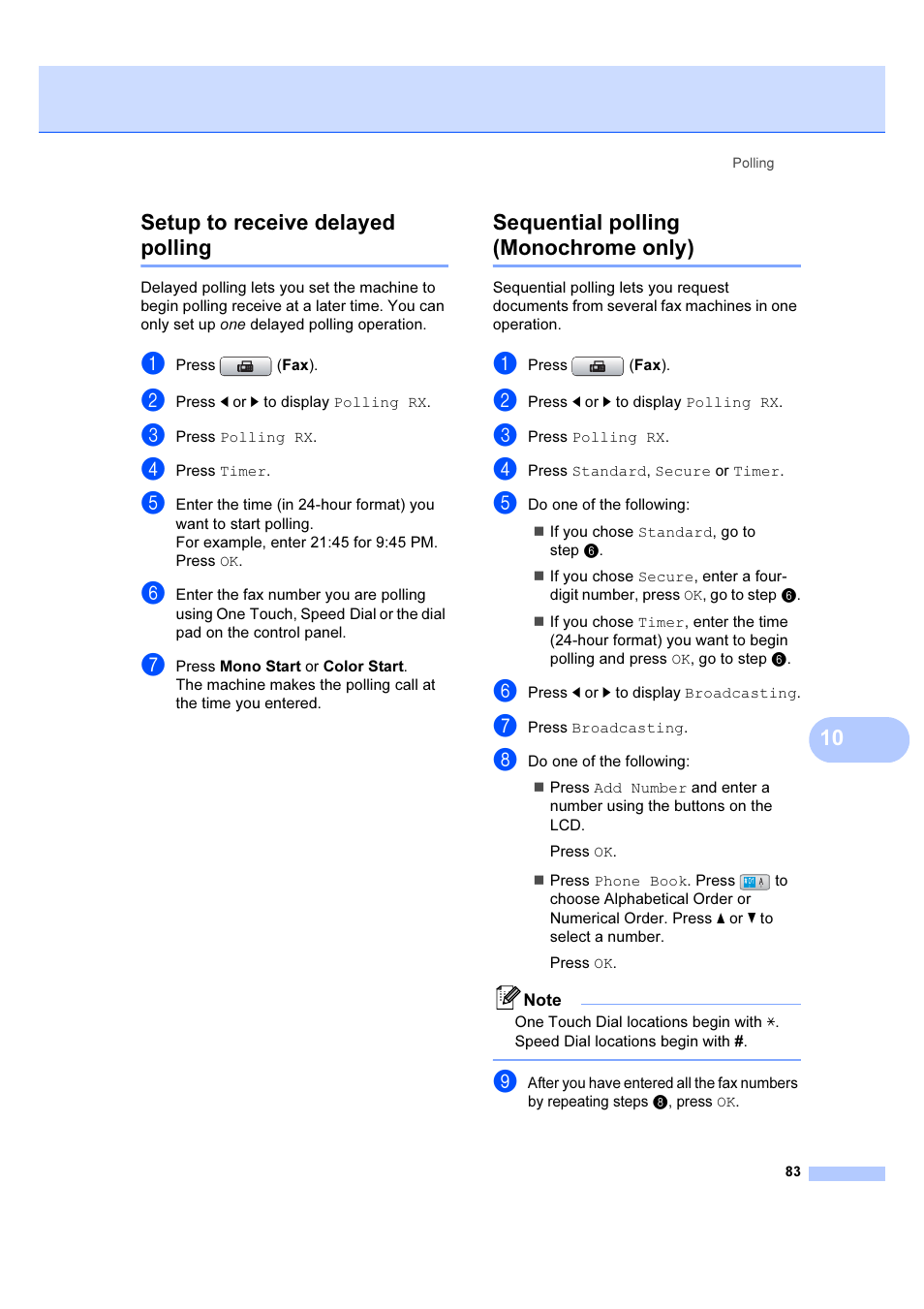 10 setup to receive delayed polling, Sequential polling (monochrome only) | Brother MFC 6890CDW User Manual | Page 92 / 227