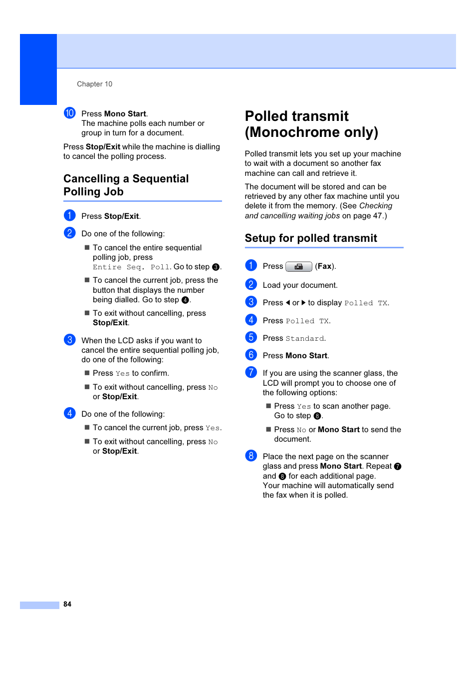 Polled transmit (monochrome only), Cancelling a sequential polling job, Setup for polled transmit | Brother MFC 6890CDW User Manual | Page 93 / 227