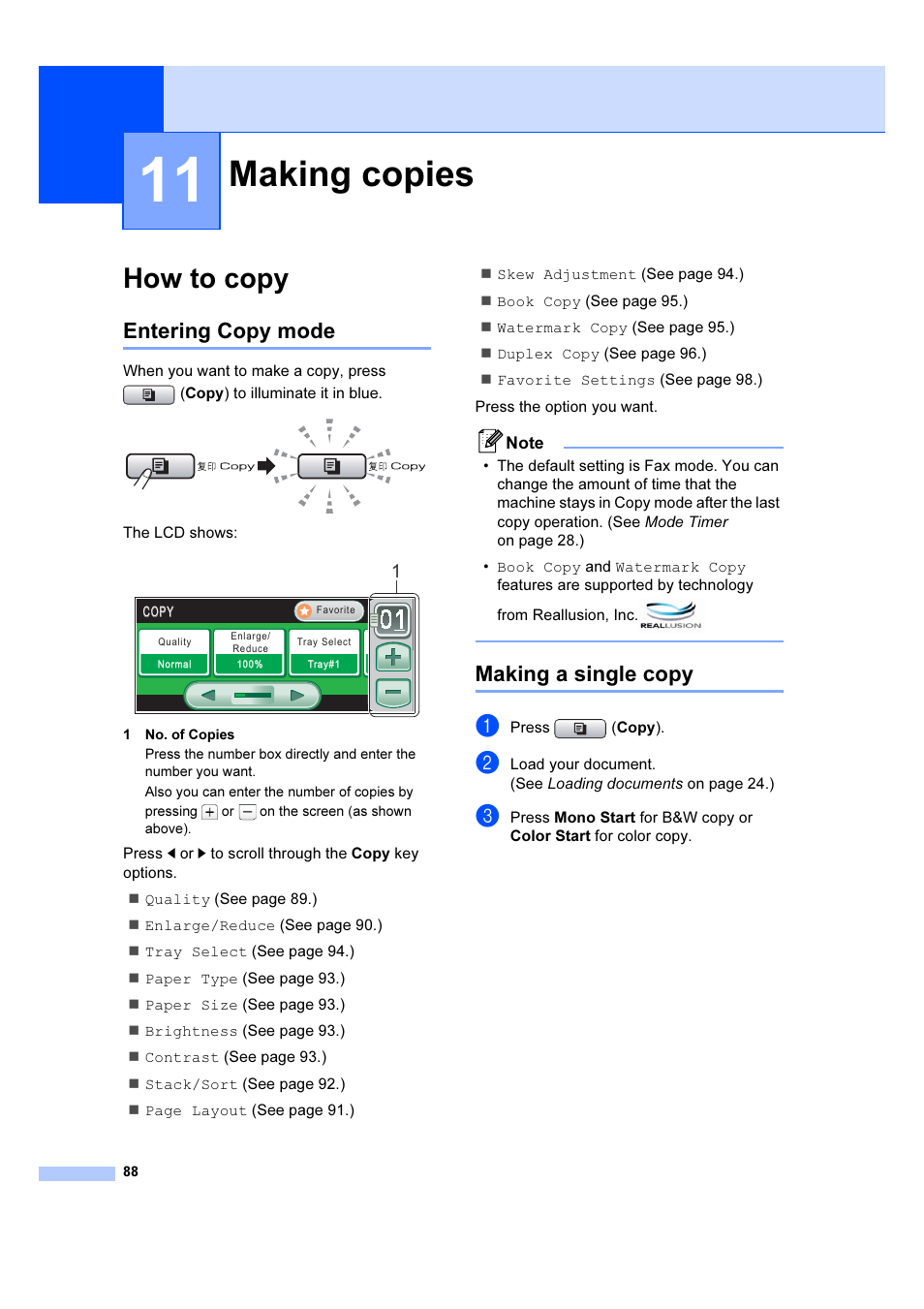 11 making copies, How to copy, Making copies | Entering copy mode making a single copy, Entering copy mode, Making a single copy | Brother MFC 6890CDW User Manual | Page 97 / 227