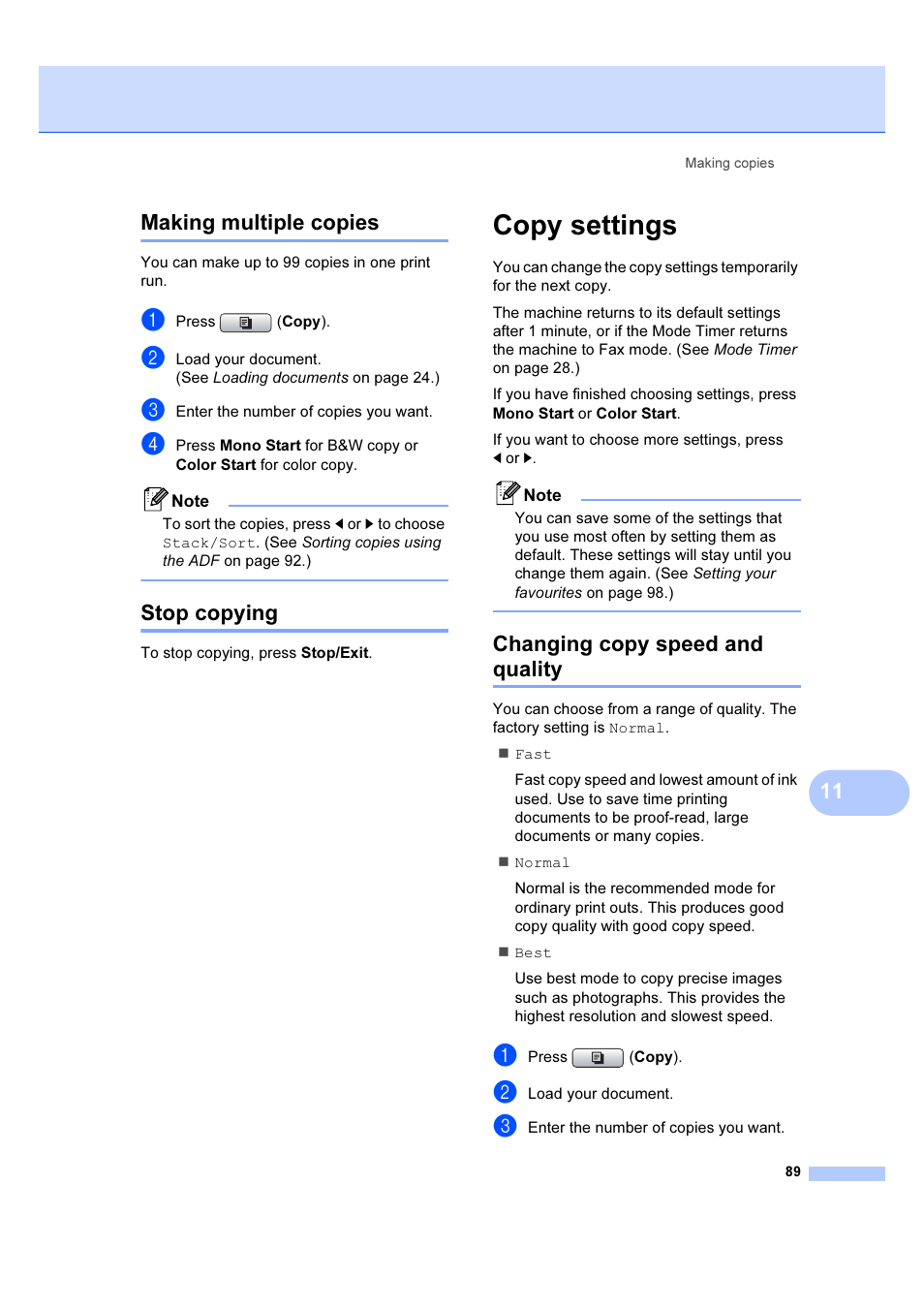 Copy settings, Making multiple copies stop copying, Changing copy speed and quality | 11 making multiple copies, Stop copying | Brother MFC 6890CDW User Manual | Page 98 / 227