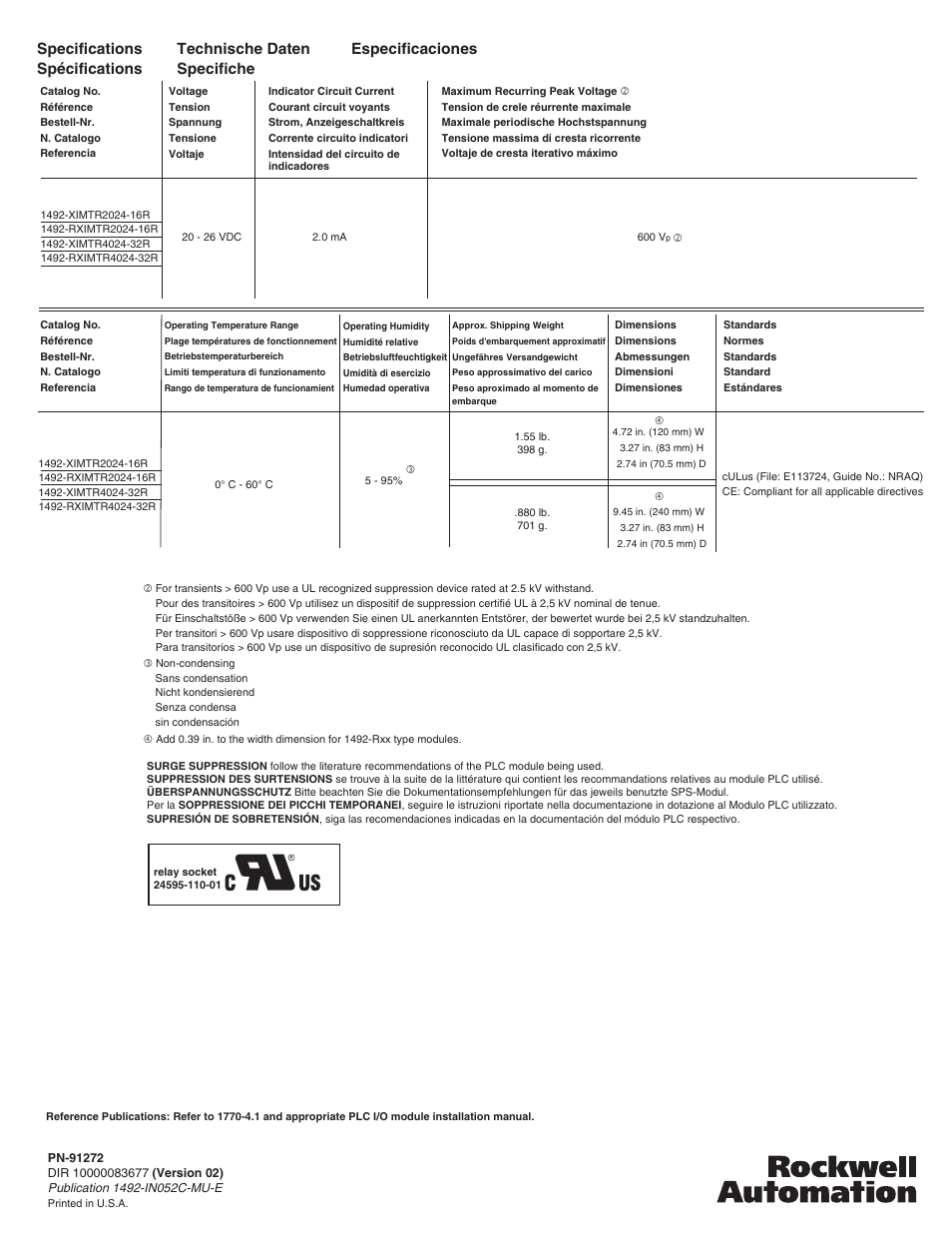 Specifications spécifications, Technische daten specifiche especificaciones | Rockwell Automation 1492-XIMTRxxx_RXIMTRxxx 16 and 32 Point Relay Interface Modules User Manual | Page 6 / 6