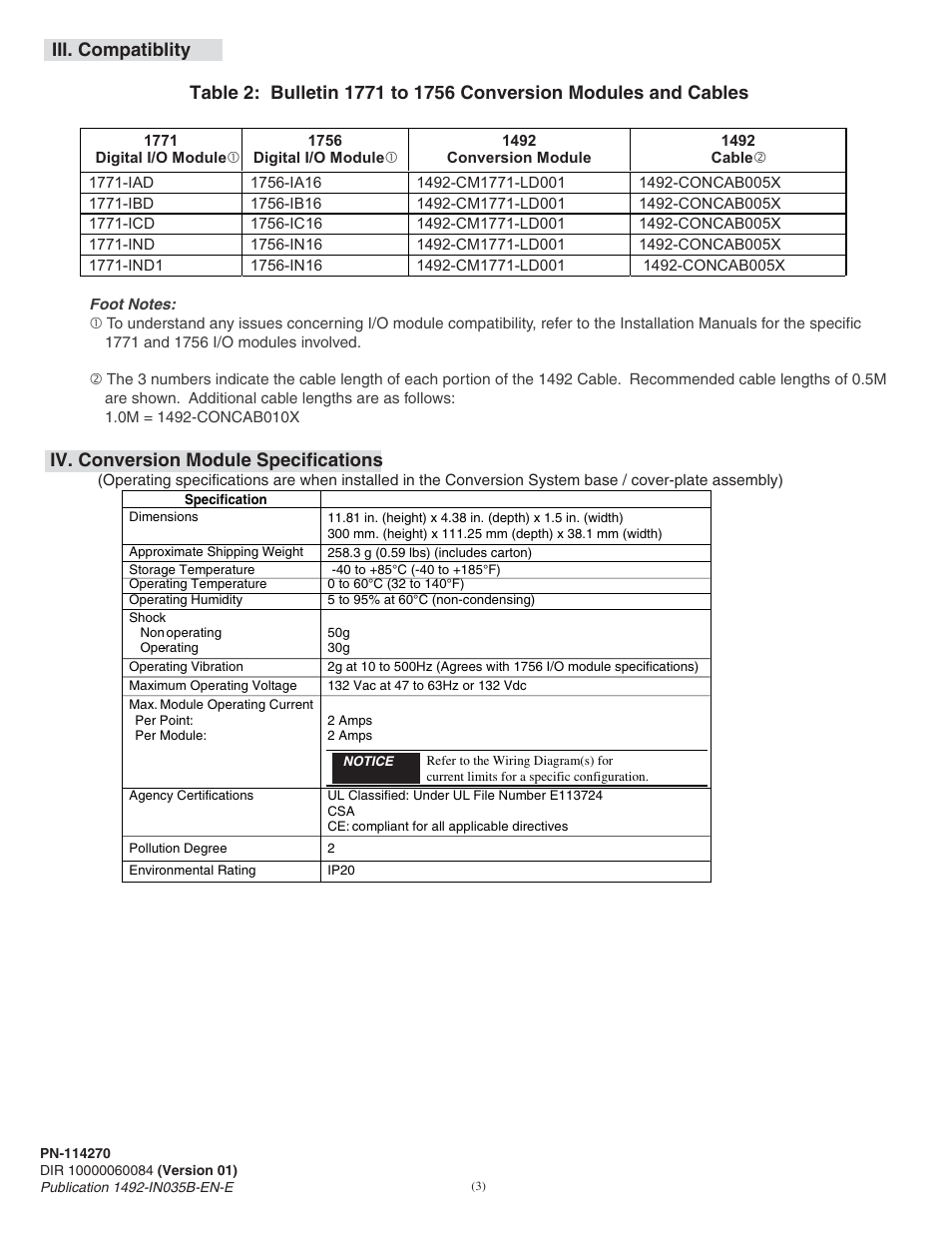 Iii. compatiblity, Iv. conversion module specifications | Rockwell Automation 1492-CM1771-LD001 Digital I/O Conversion Module User Manual | Page 3 / 8