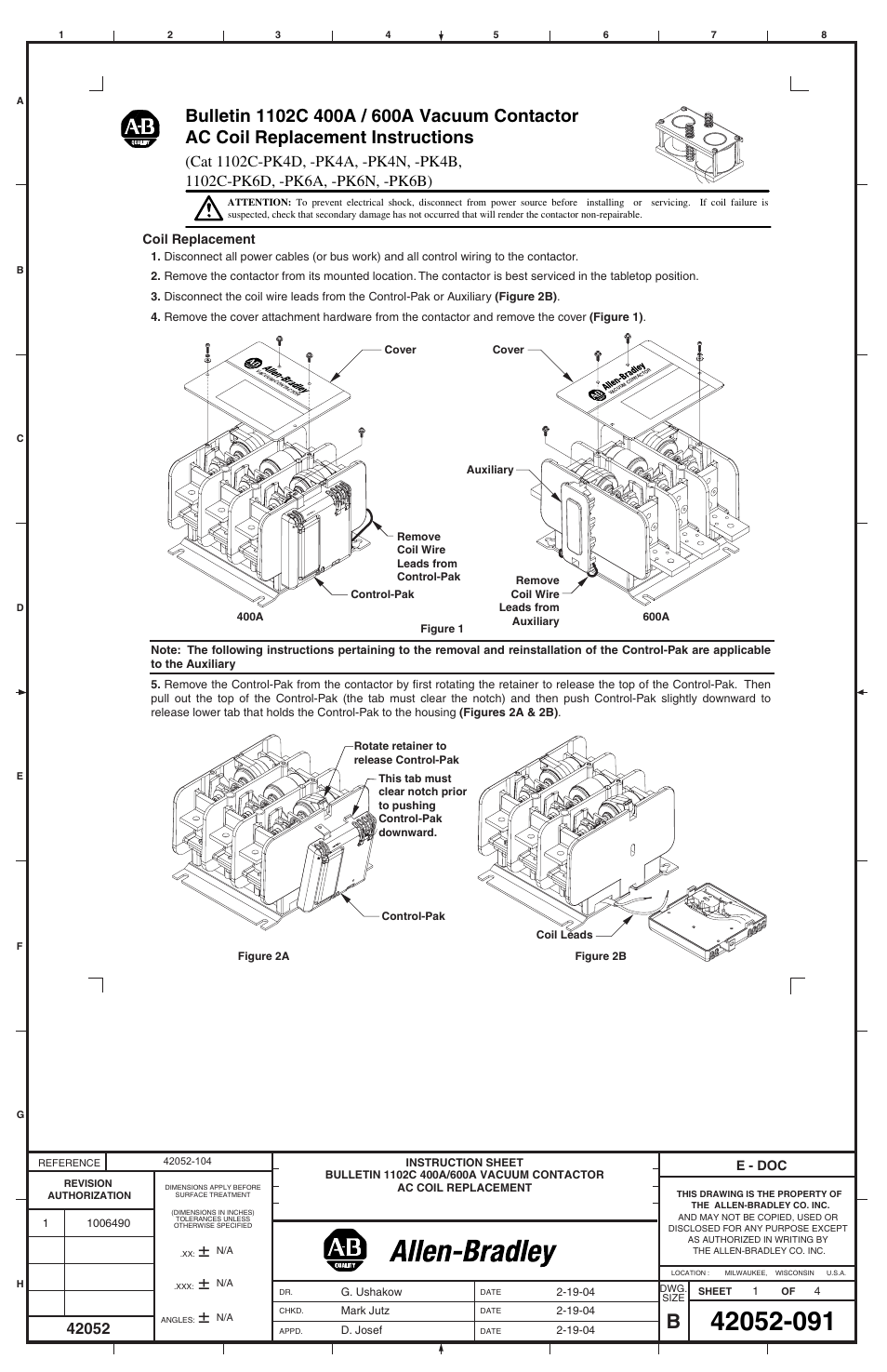 Rockwell Automation 1102C-PKxx 400A / 600A Vacuum Contactor AC Coil Replacement User Manual | 4 pages