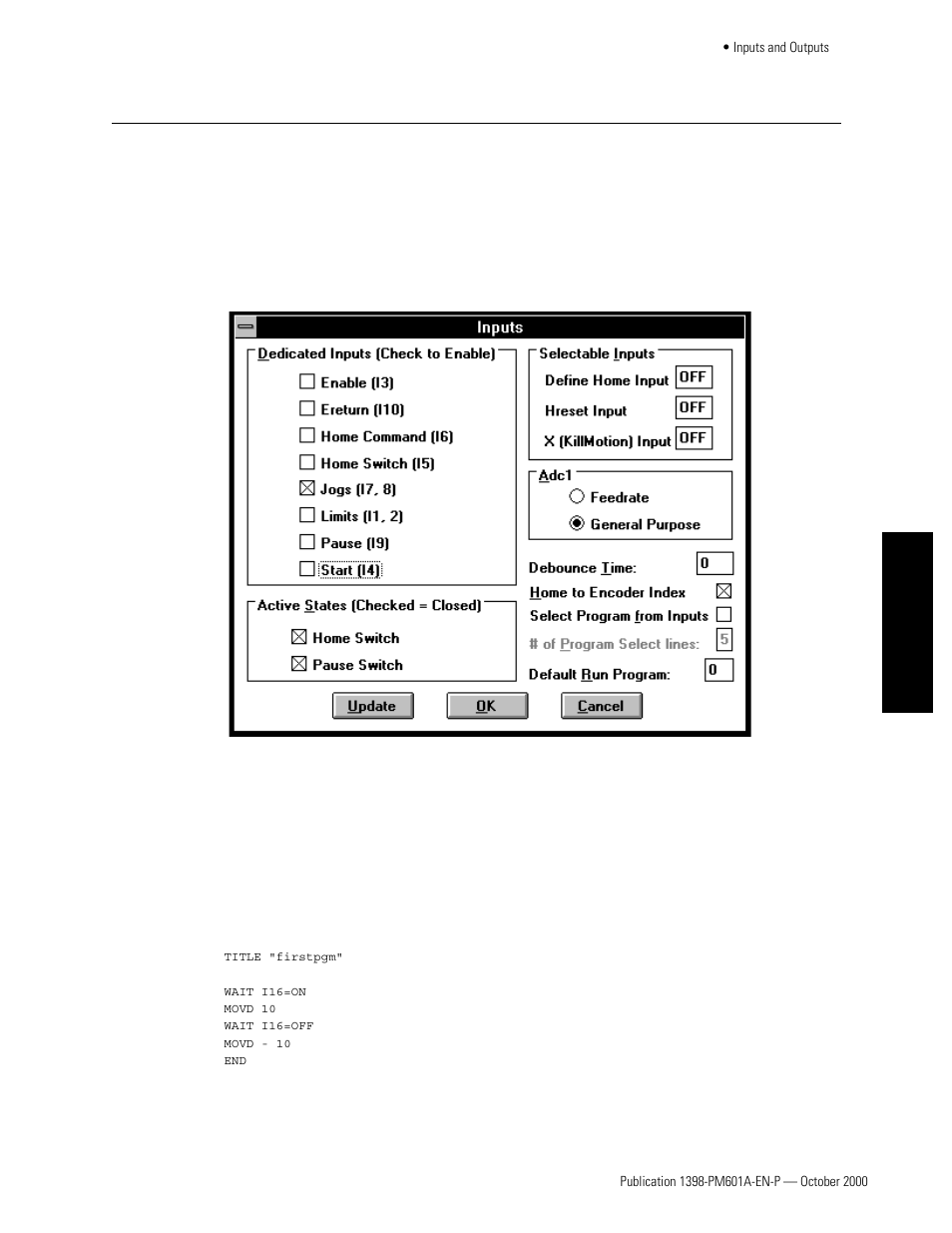 Inputs and outputs, Dedicated inputs setup, Read inputs | Dedicated inputs setup read inputs | Rockwell Automation 1398-PDM-xxx IQ Master Version 3.2.4 for IA-2000 and IQ-5000 Positioning Drive Modules, IQ-55 User Manual | Page 139 / 464