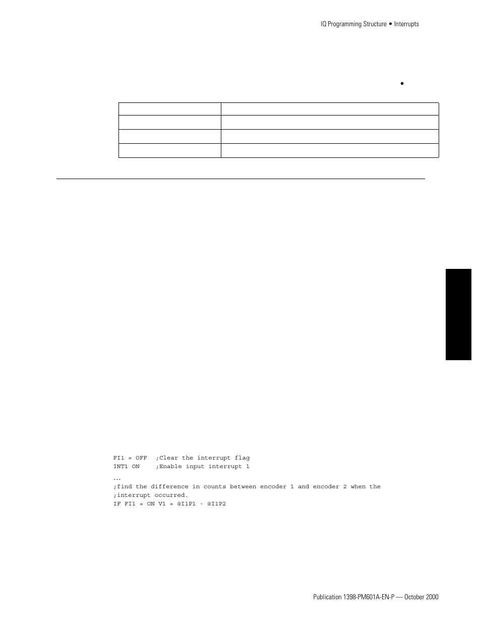 Fkey instruction summary, Interrupts, Interrupts step by step | Example, Interrupt variable, flags and instructions summary | Rockwell Automation 1398-PDM-xxx IQ Master Version 3.2.4 for IA-2000 and IQ-5000 Positioning Drive Modules, IQ-55 User Manual | Page 173 / 464