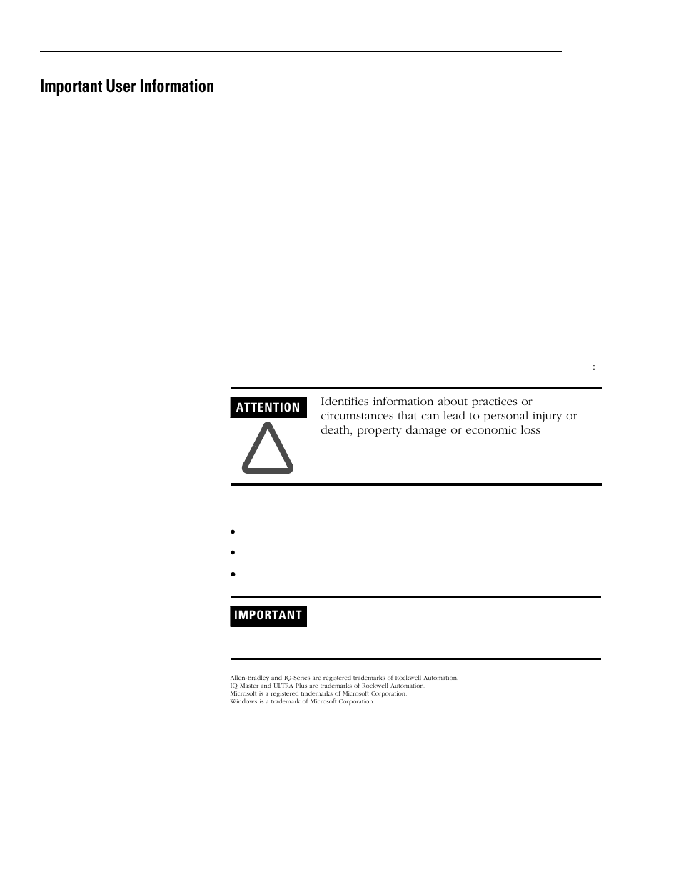 Important user information | Rockwell Automation 1398-PDM-xxx IQ Master Version 3.2.4 for IA-2000 and IQ-5000 Positioning Drive Modules, IQ-55 User Manual | Page 2 / 464