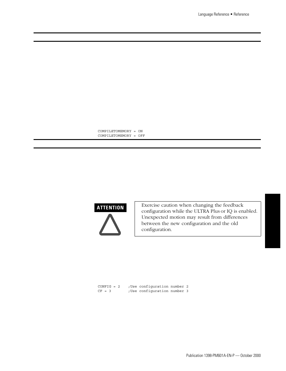 Compiletomemory, Config | Rockwell Automation 1398-PDM-xxx IQ Master Version 3.2.4 for IA-2000 and IQ-5000 Positioning Drive Modules, IQ-55 User Manual | Page 209 / 464