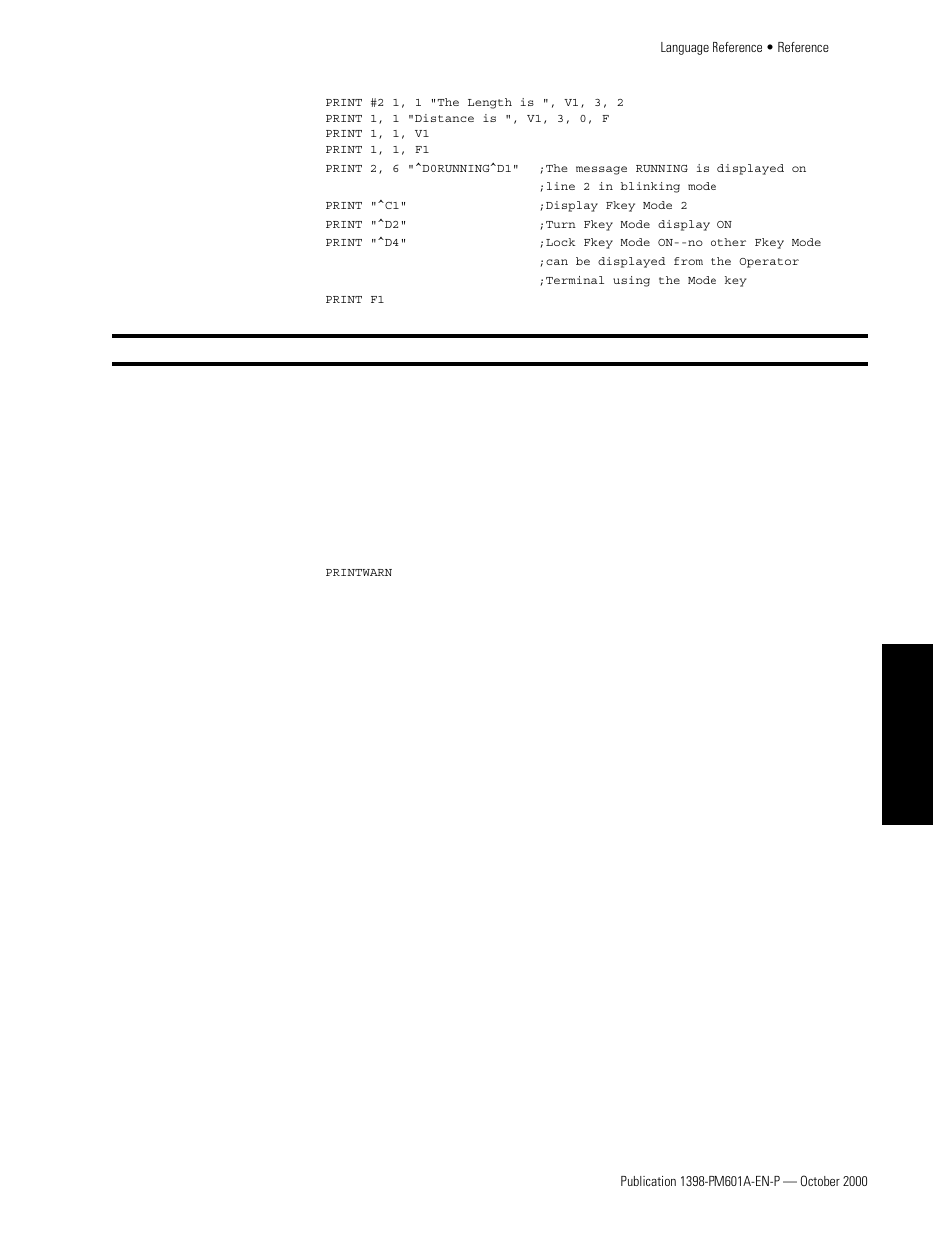 Printwarn, Words, Print warning operator terminal | Rockwell Automation 1398-PDM-xxx IQ Master Version 3.2.4 for IA-2000 and IQ-5000 Positioning Drive Modules, IQ-55 User Manual | Page 275 / 464