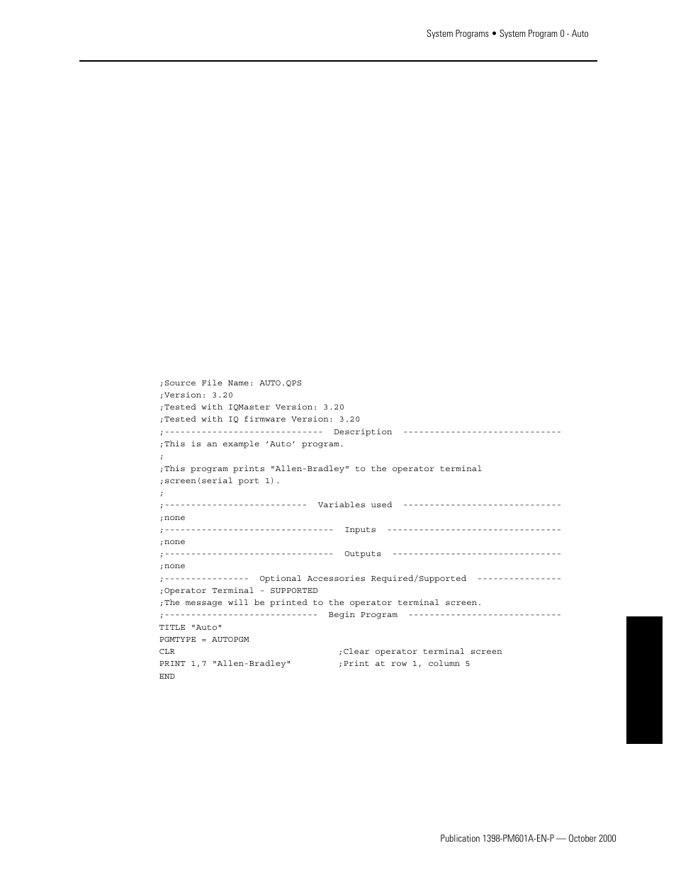 System program 0 - auto, Program listing, Appendixes | Rockwell Automation 1398-PDM-xxx IQ Master Version 3.2.4 for IA-2000 and IQ-5000 Positioning Drive Modules, IQ-55 User Manual | Page 349 / 464