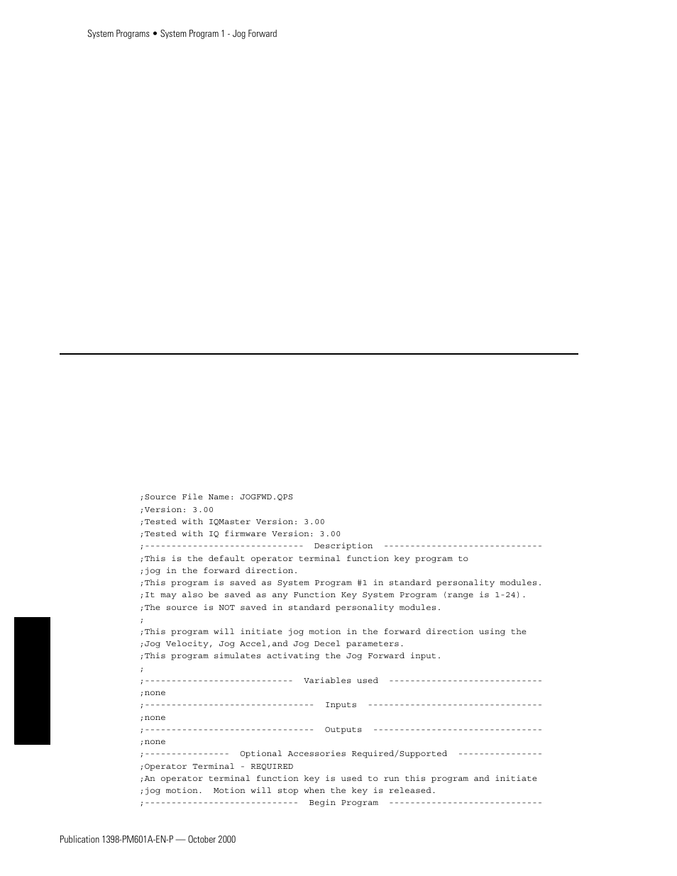 System program 1 - jog forward, Program listing, Appendixes | Rockwell Automation 1398-PDM-xxx IQ Master Version 3.2.4 for IA-2000 and IQ-5000 Positioning Drive Modules, IQ-55 User Manual | Page 350 / 464