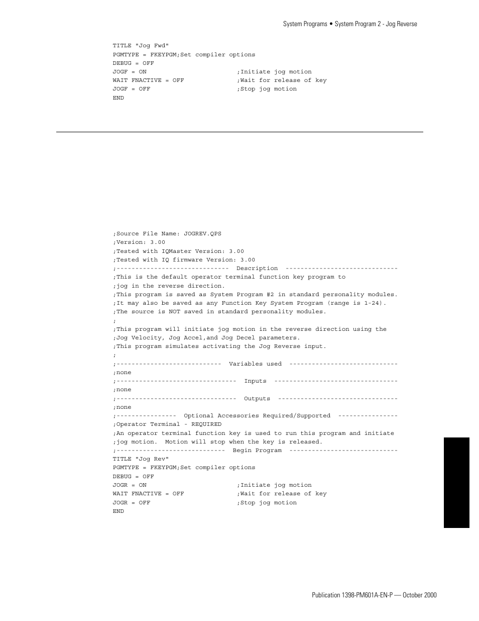 System program 2 - jog reverse, Program listing, Appendixes | Rockwell Automation 1398-PDM-xxx IQ Master Version 3.2.4 for IA-2000 and IQ-5000 Positioning Drive Modules, IQ-55 User Manual | Page 351 / 464