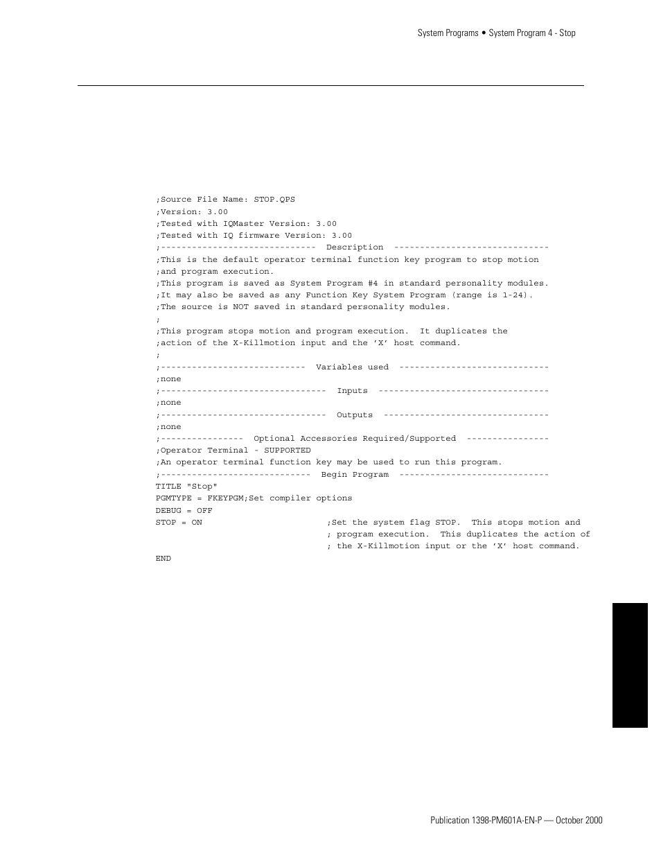 System program 4 - stop, Program listing, Appendixes | Rockwell Automation 1398-PDM-xxx IQ Master Version 3.2.4 for IA-2000 and IQ-5000 Positioning Drive Modules, IQ-55 User Manual | Page 353 / 464