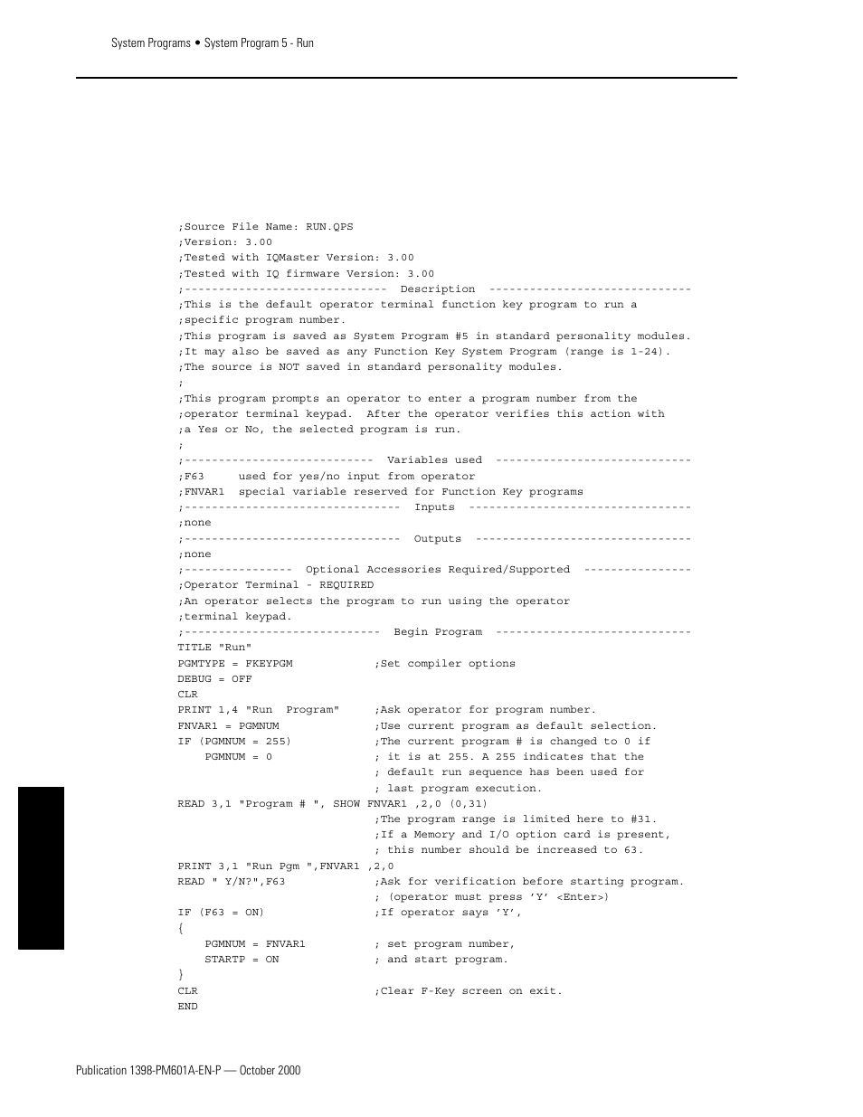 System program 5 - run, Program listing, Appendixes | Rockwell Automation 1398-PDM-xxx IQ Master Version 3.2.4 for IA-2000 and IQ-5000 Positioning Drive Modules, IQ-55 User Manual | Page 354 / 464