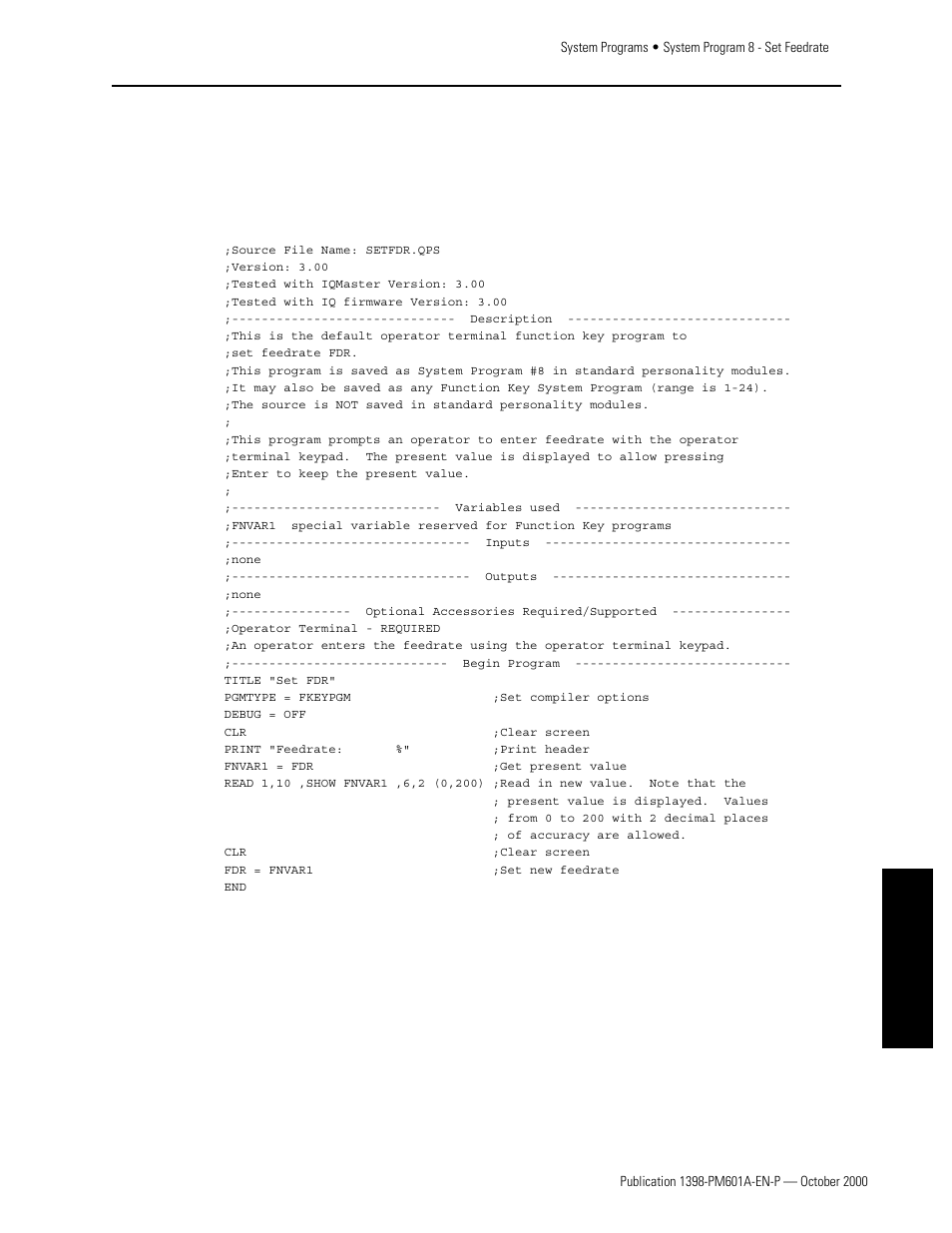 System program 8 - set feedrate, Program listing, Appendixes | Rockwell Automation 1398-PDM-xxx IQ Master Version 3.2.4 for IA-2000 and IQ-5000 Positioning Drive Modules, IQ-55 User Manual | Page 357 / 464
