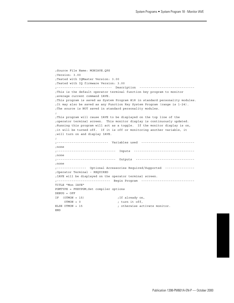 System program 18 - monitor iave, Program listing, Appendixes | Rockwell Automation 1398-PDM-xxx IQ Master Version 3.2.4 for IA-2000 and IQ-5000 Positioning Drive Modules, IQ-55 User Manual | Page 363 / 464