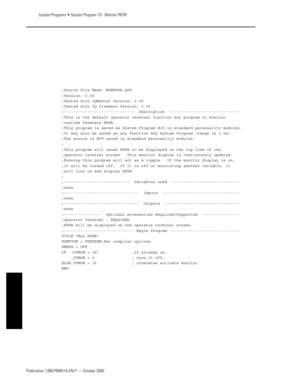 System program 19 - monitor rfdr, Program listing, Appendixes | Rockwell Automation 1398-PDM-xxx IQ Master Version 3.2.4 for IA-2000 and IQ-5000 Positioning Drive Modules, IQ-55 User Manual | Page 364 / 464