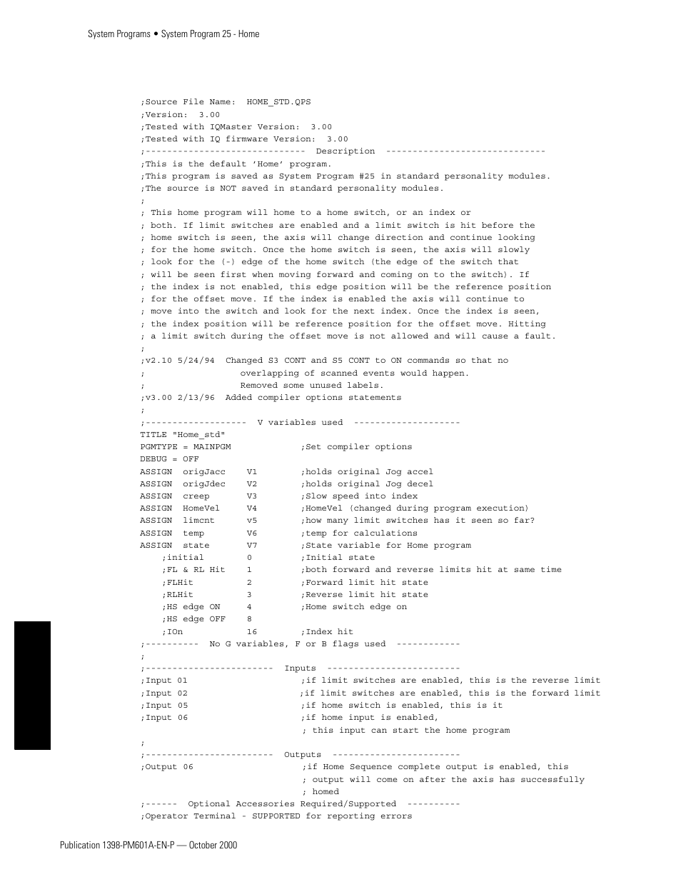 Program listing, Appendixes program listing | Rockwell Automation 1398-PDM-xxx IQ Master Version 3.2.4 for IA-2000 and IQ-5000 Positioning Drive Modules, IQ-55 User Manual | Page 370 / 464