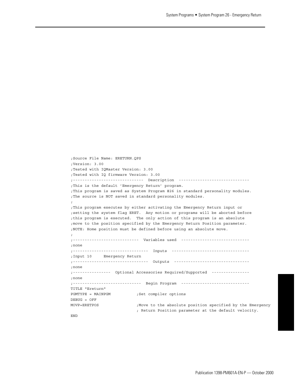 System program 26 - emergency return, Program listing, Appendixes | Rockwell Automation 1398-PDM-xxx IQ Master Version 3.2.4 for IA-2000 and IQ-5000 Positioning Drive Modules, IQ-55 User Manual | Page 375 / 464